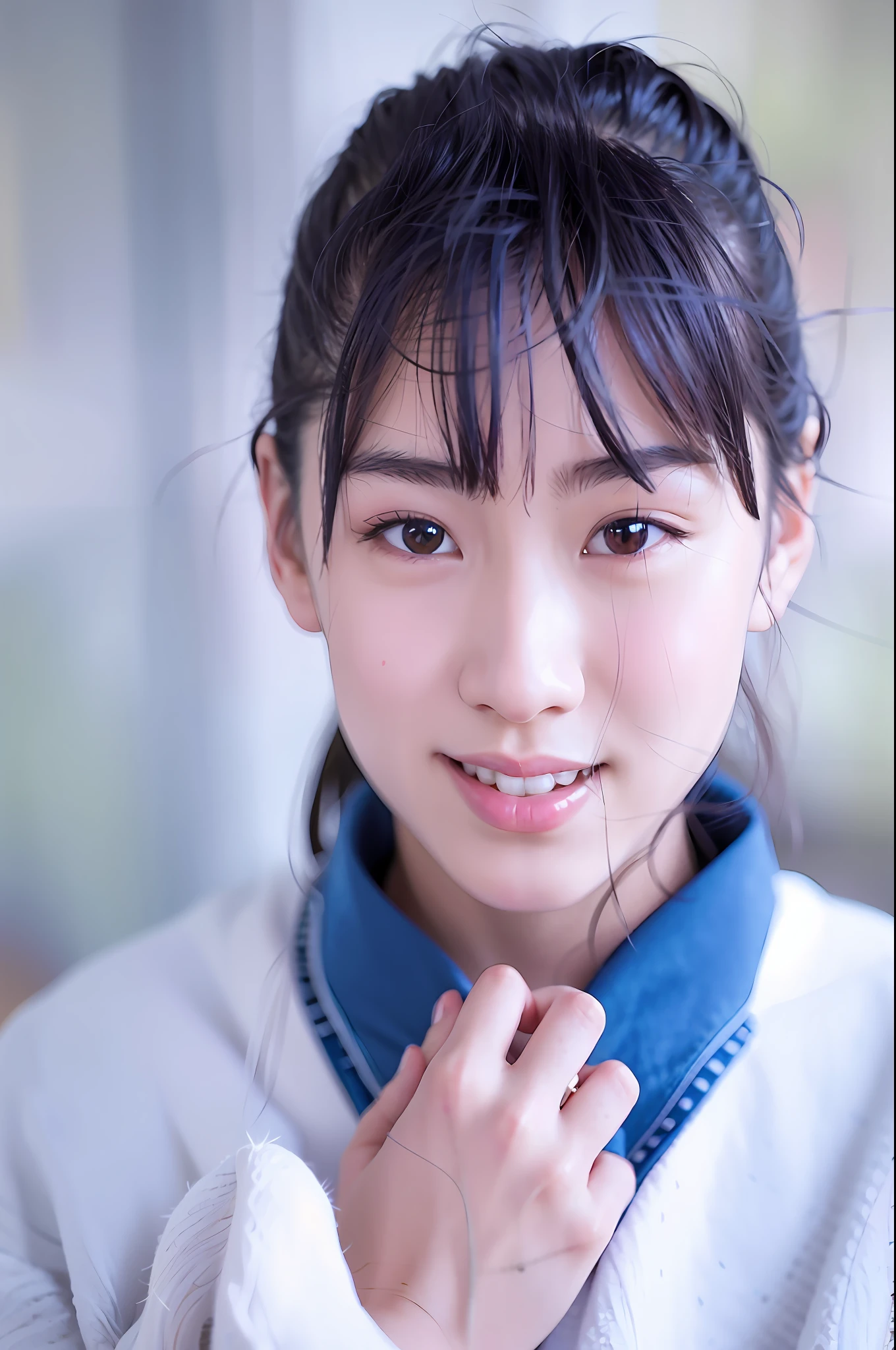 arafed asian woman with a blue shirt and a white sweater, portrait of a japanese teen, with cute - fine - face, chiho, close up iwakura lain, girl cute-fine-face, cute young girl, young cute wan asian face, young asian girl, young and cute girl, beautiful young girl, shiori teshirogi
