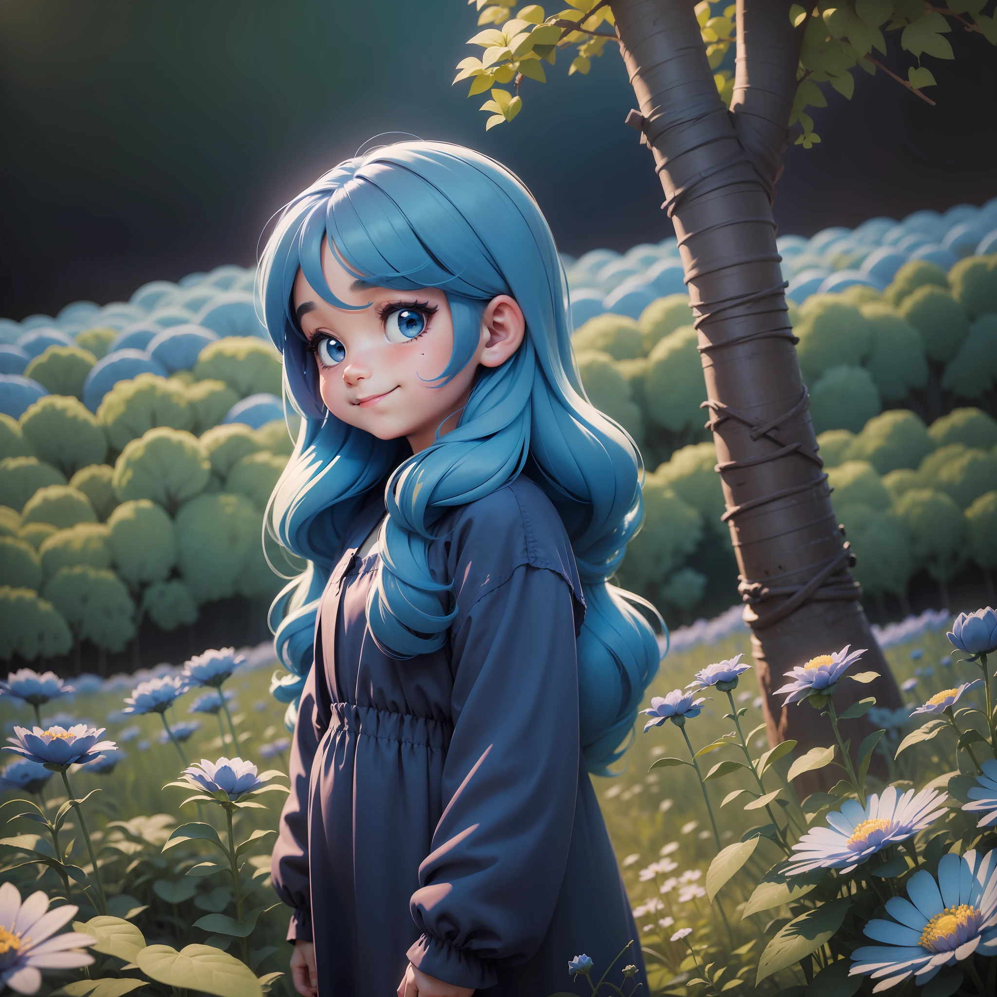 A fat, happy, fat-faced, blue-haired, long-haired little girl in black and dark blue clothes, standing in the middle of a field of blue flowers. The illustration is a high-definition illustration in 4K resolution with highly detailed facial features and cartoon-style visuals.