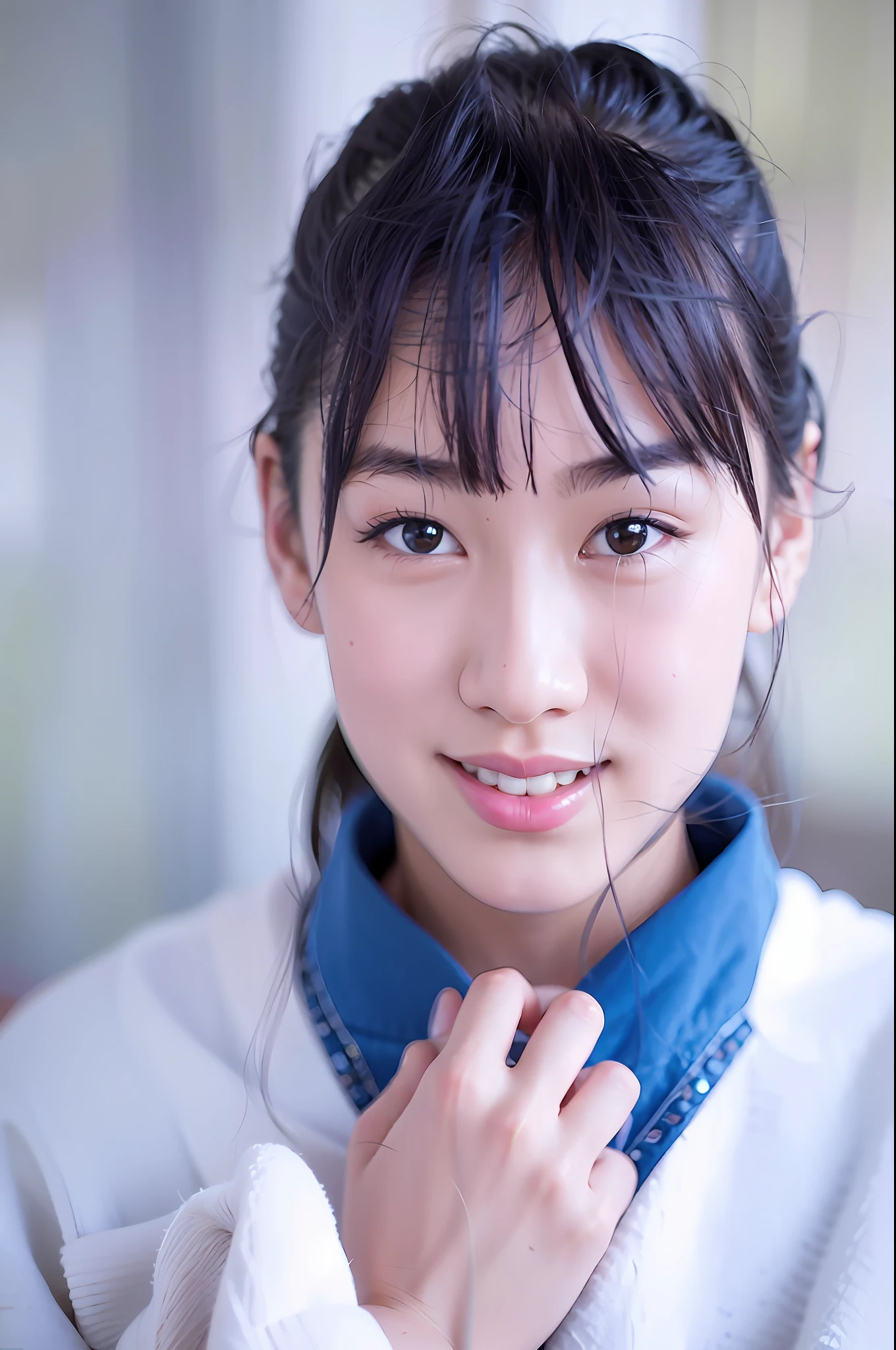 arafed asian woman with a blue shirt and a white sweater, portrait of a japanese teen, with cute - fine - face, chiho, close up iwakura lain, girl cute-fine-face, cute young girl, young cute wan asian face, young asian girl, young and cute girl, beautiful young girl, shiori teshirogi