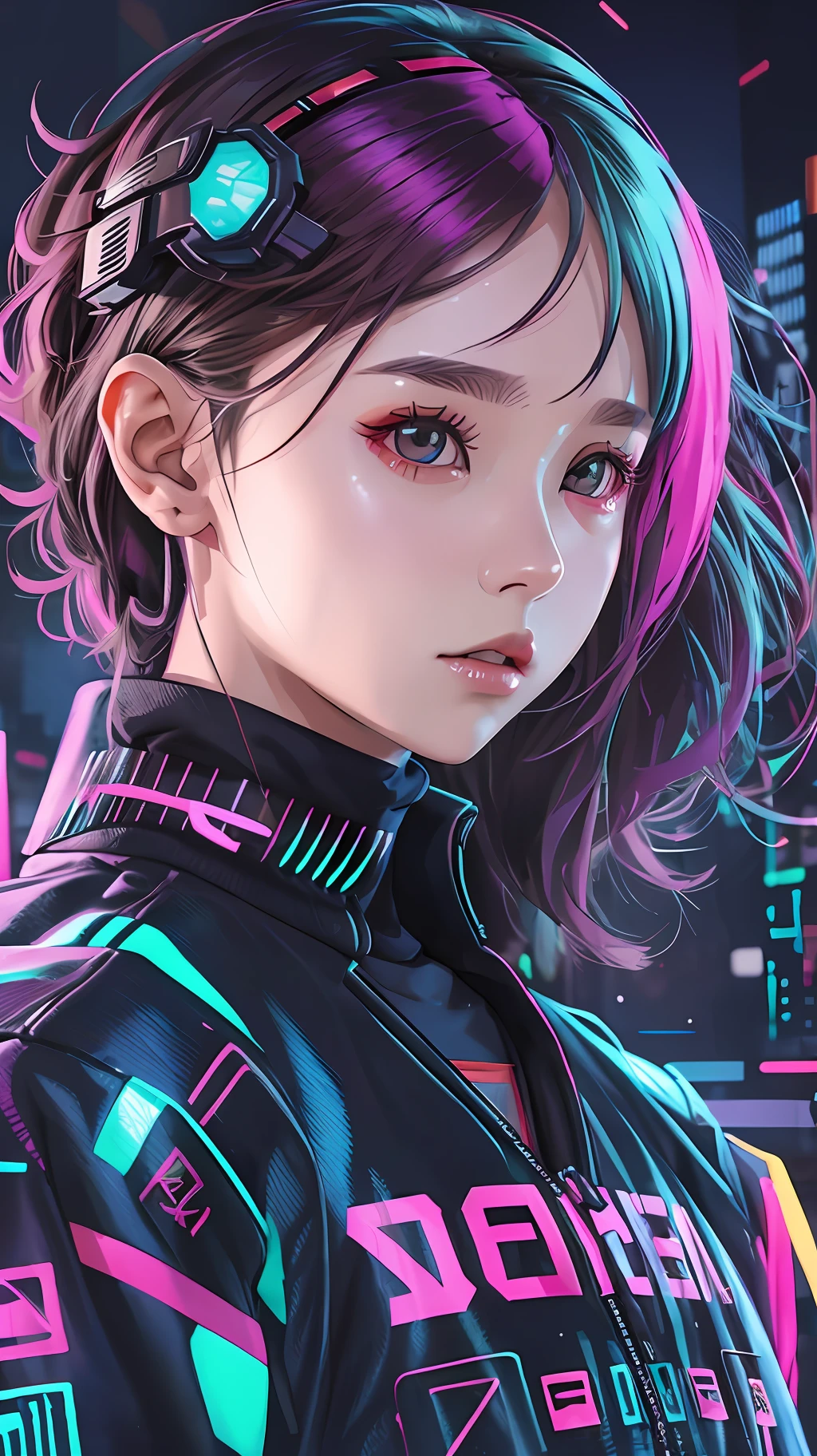 Wearing cyberpunk complex streetwear, beautiful, girl, detailed portrait, 4 K, bright colors, concept art, cinematic dramatic atmosphere, sharp focus, volumetric lighting, cinematic lighting, studio quality