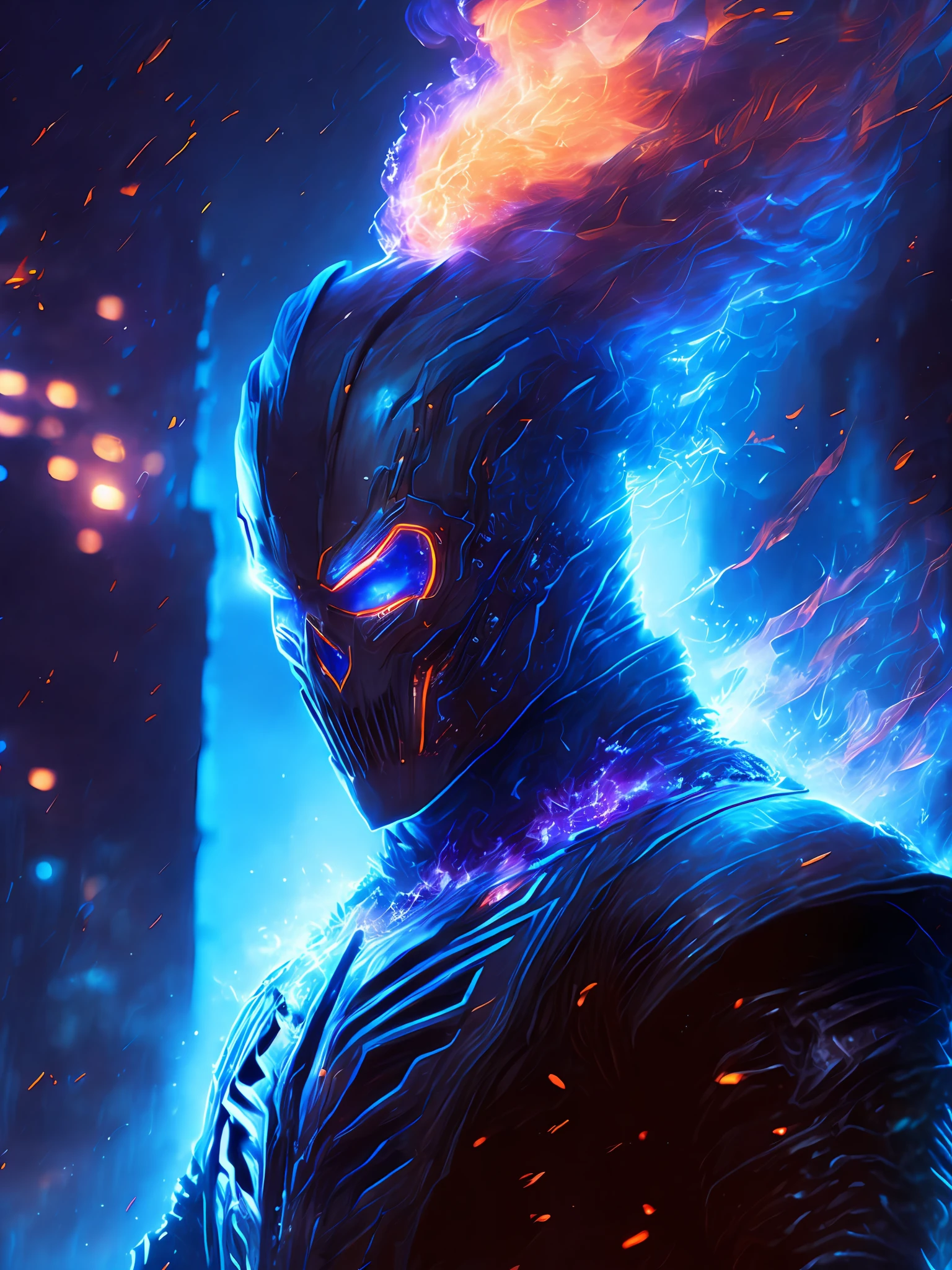 gloomy portrait of Ghost Rider from Marvel, extremely detailed, futuristic cityscape, nighttime, glowing neon lights, smoke, sparks, metal shavings, flying debris, blue energy effects, volumetric light