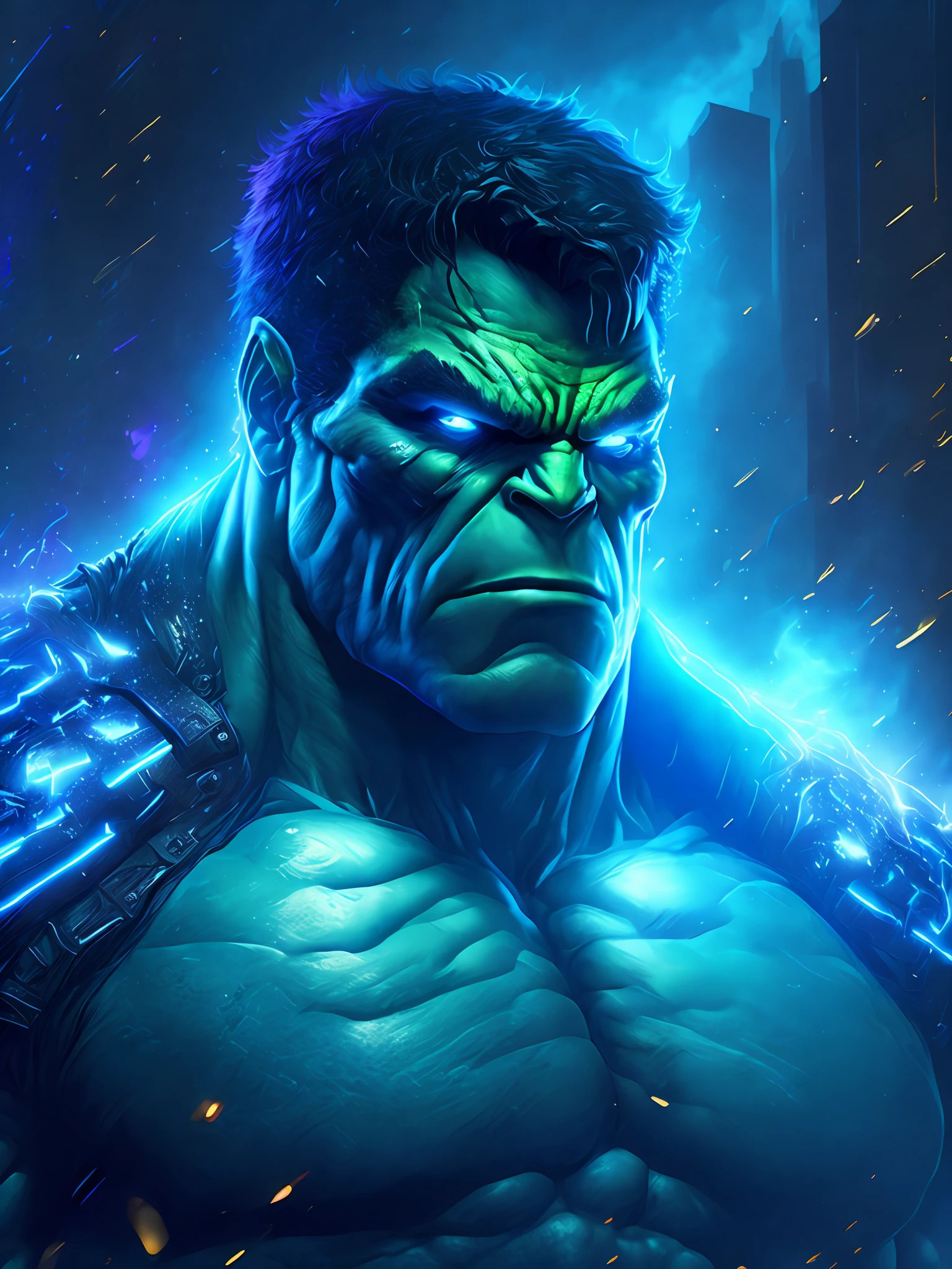 gloomy portrait of Hulk from Marvel, extremely detailed, futuristic cityscape, nighttime, glowing neon lights, smoke, sparks, metal shavings, flying debris, blue energy effects, volumetric light