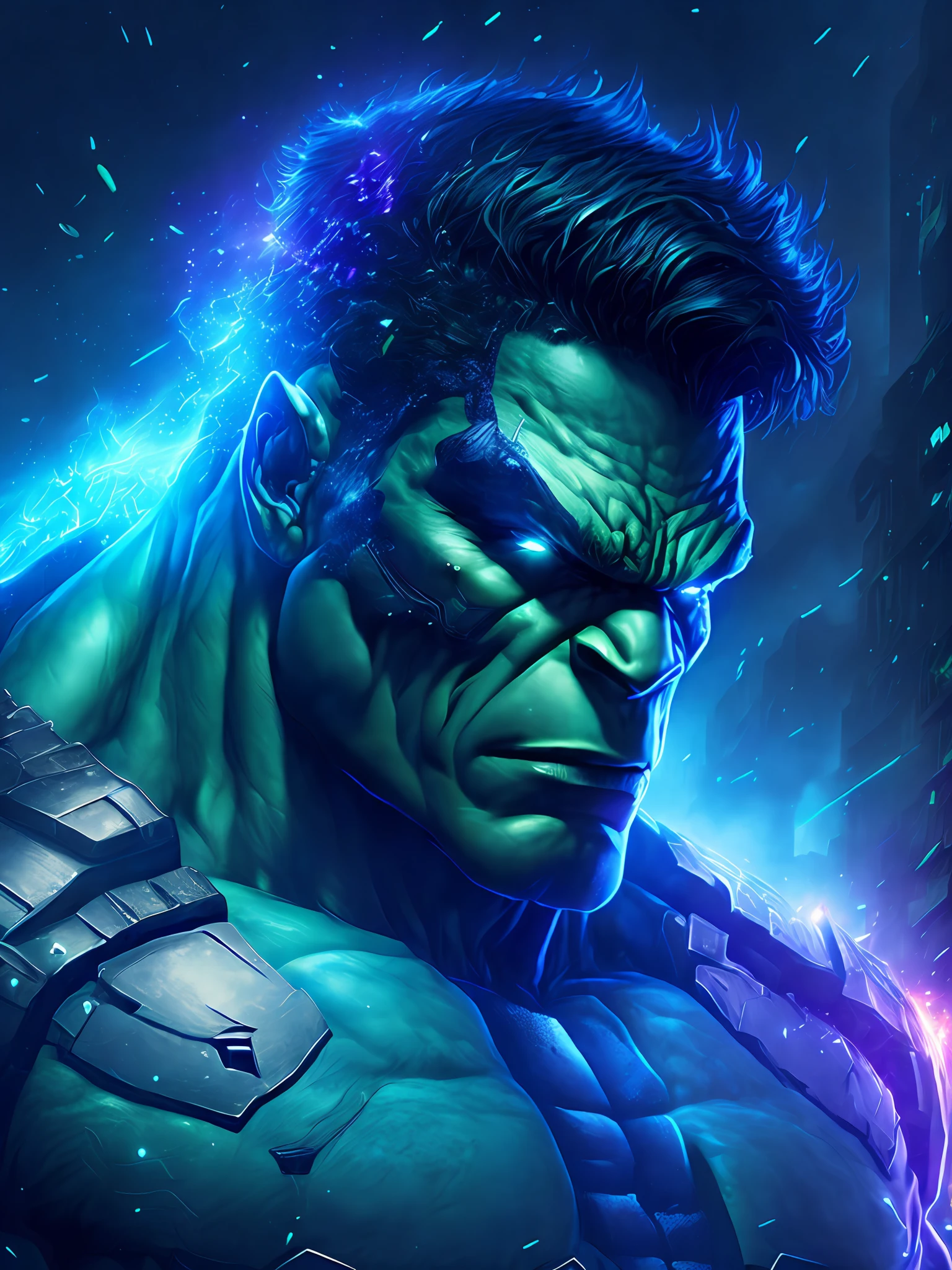 gloomy portrait of Hulk from Marvel, extremely detailed, futuristic cityscape, nighttime, glowing neon lights, smoke, sparks, metal shavings, flying debris, blue energy effects, volumetric light