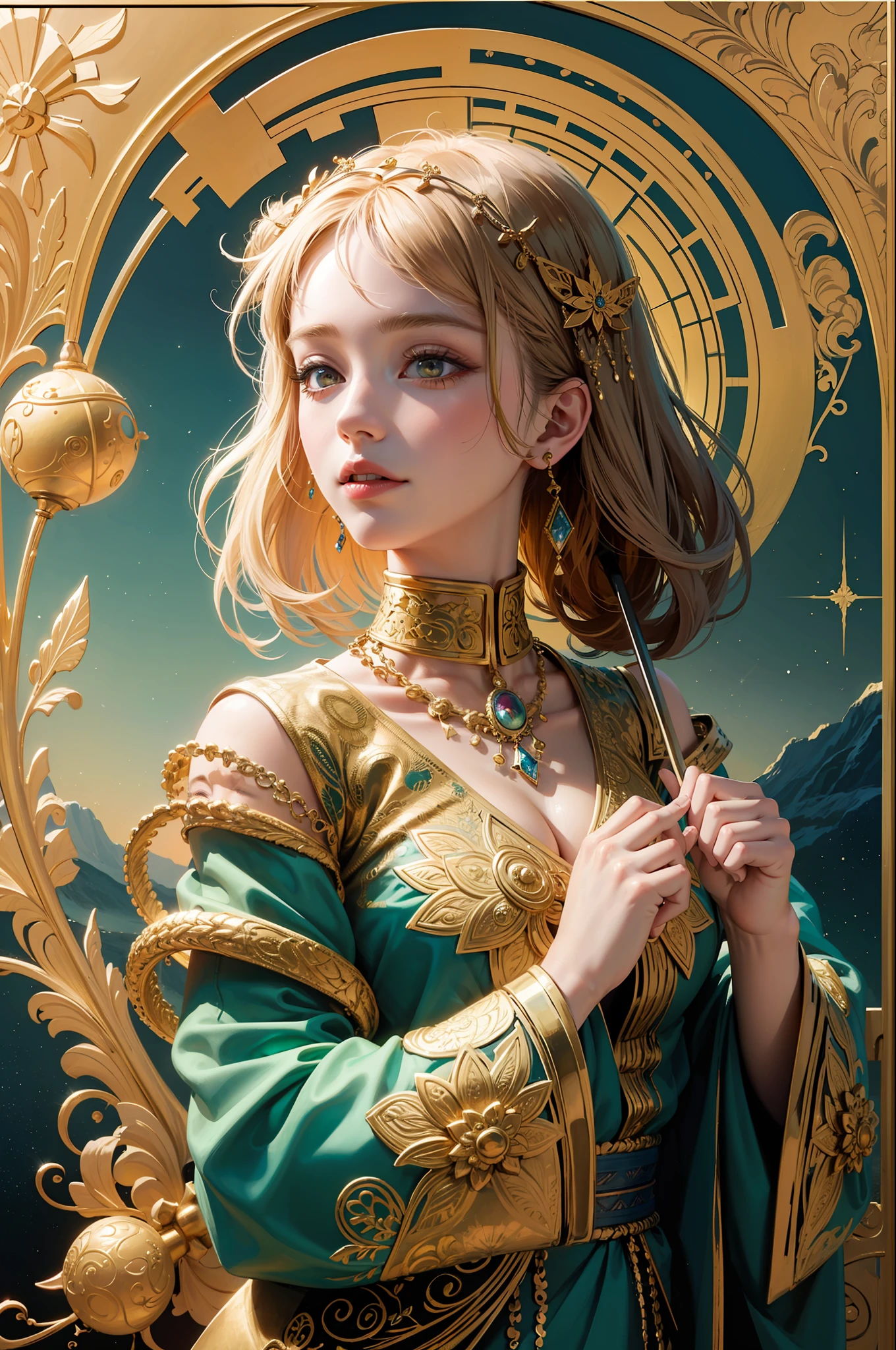 (masterpiece, top quality, best quality, official art, beautiful and aesthetic:1.2), (1girl), extreme detailed,colorful,highest detailed, official art, unity 8k wallpaper, ultra detailed, beautiful and aesthetic, beautiful, masterpiece, best quality, (zentangle, mandala, tangle, entangle) ,holy light,gold foil,gold leaf art,glitter drawing, PerfectNwsjMajic
