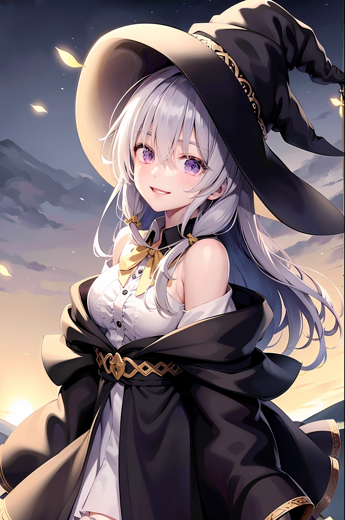 lyileina,witch hat,black robe,bare shoulders ,collared shirt,yellow ribbon,light smile,larger breats,best quality
