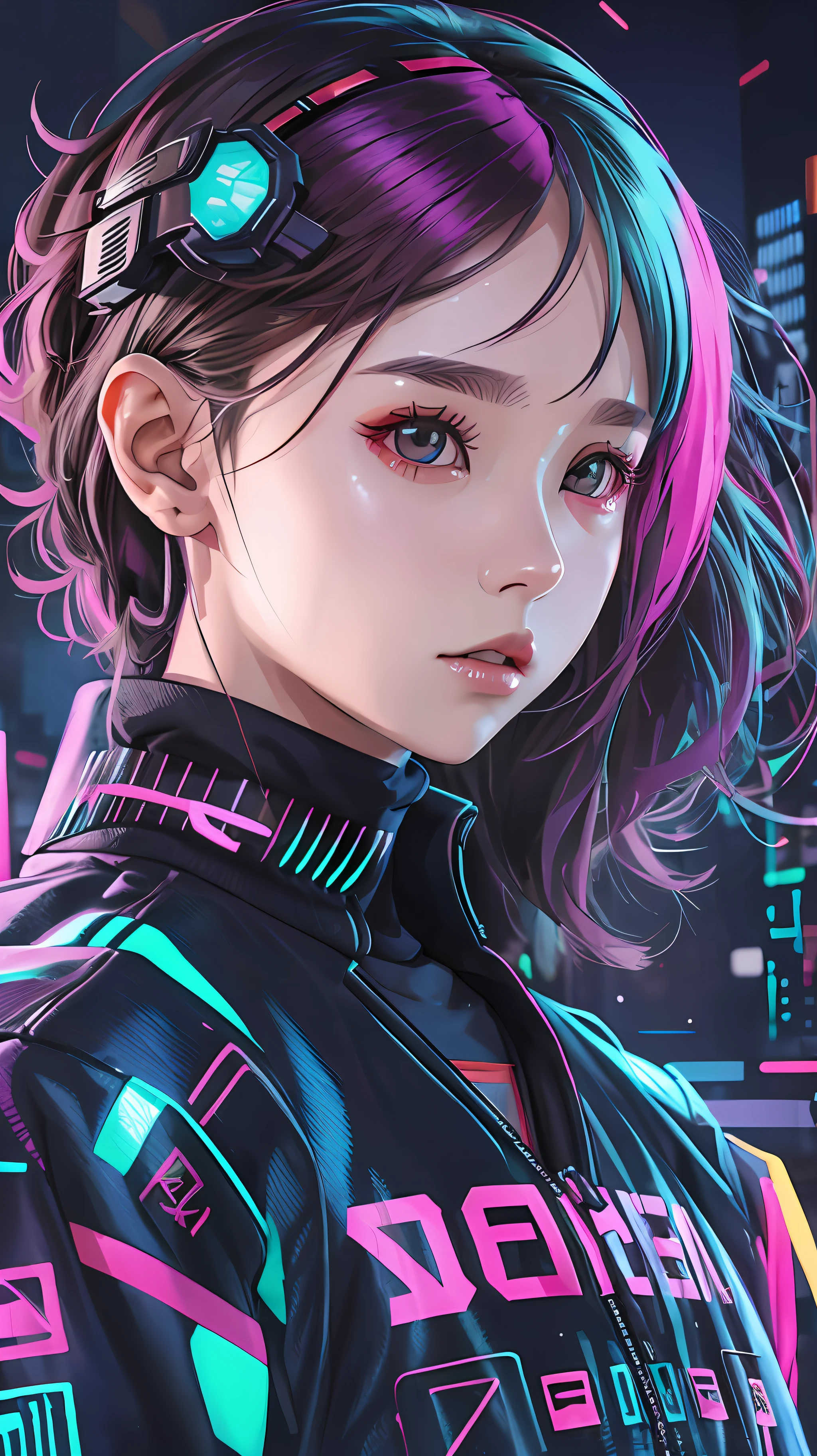 Wearing cyberpunk complex streetwear, beautiful, girl, detailed portrait, 4 K, bright colors, concept art, cinematic dramatic atmosphere, sharp focus, volumetric lighting, cinematic lighting, studio quality