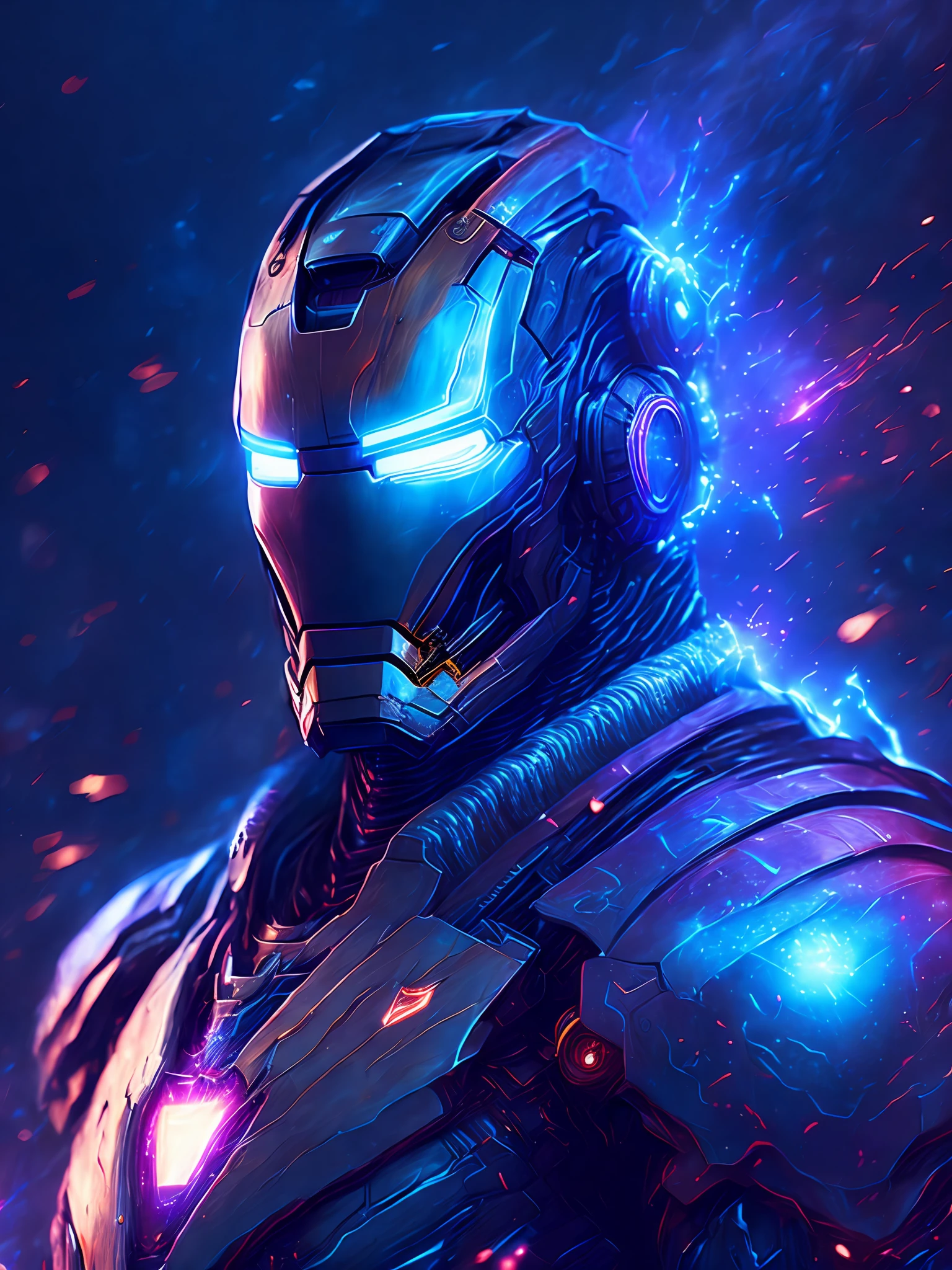 gloomy portrait of Iron Man from Marvel, extremely detailed, futuristic cityscape, nighttime, glowing neon lights, smoke, sparks, metal shavings, flying debris, blue energy effects, volumetric light