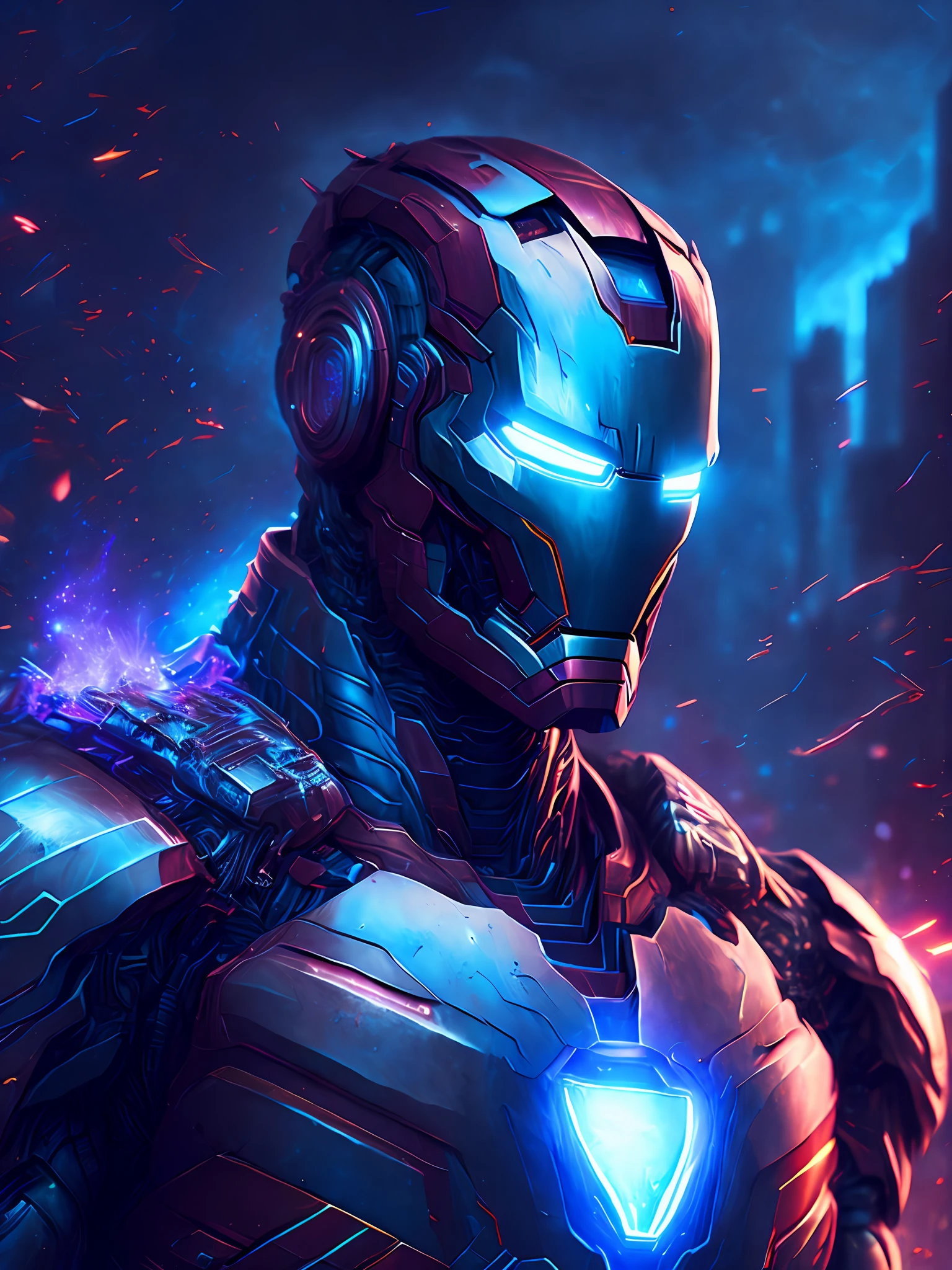 gloomy portrait of Iron Man from Marvel, extremely detailed, futuristic cityscape, nighttime, glowing neon lights, smoke, sparks, metal shavings, flying debris, blue energy effects, volumetric light