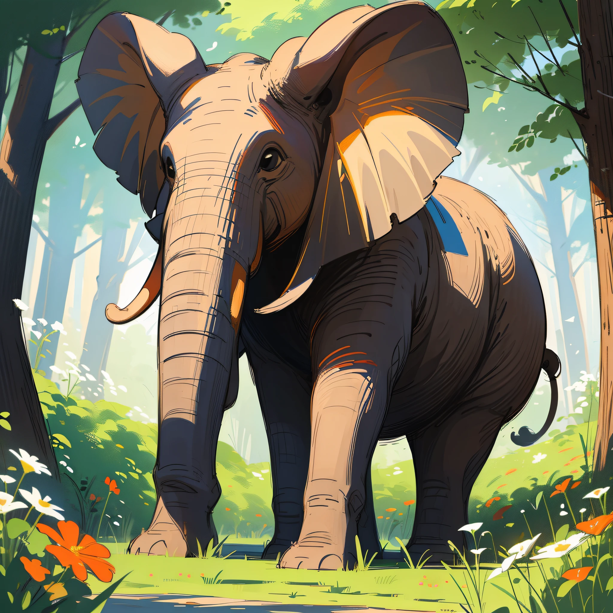 Masterpiece, best quality, {best quality}, {{masterpiece}}, {highres}, animal, elephant, 2d, drawing, digital art, colors, colorful, forest, flowers --auto --s2