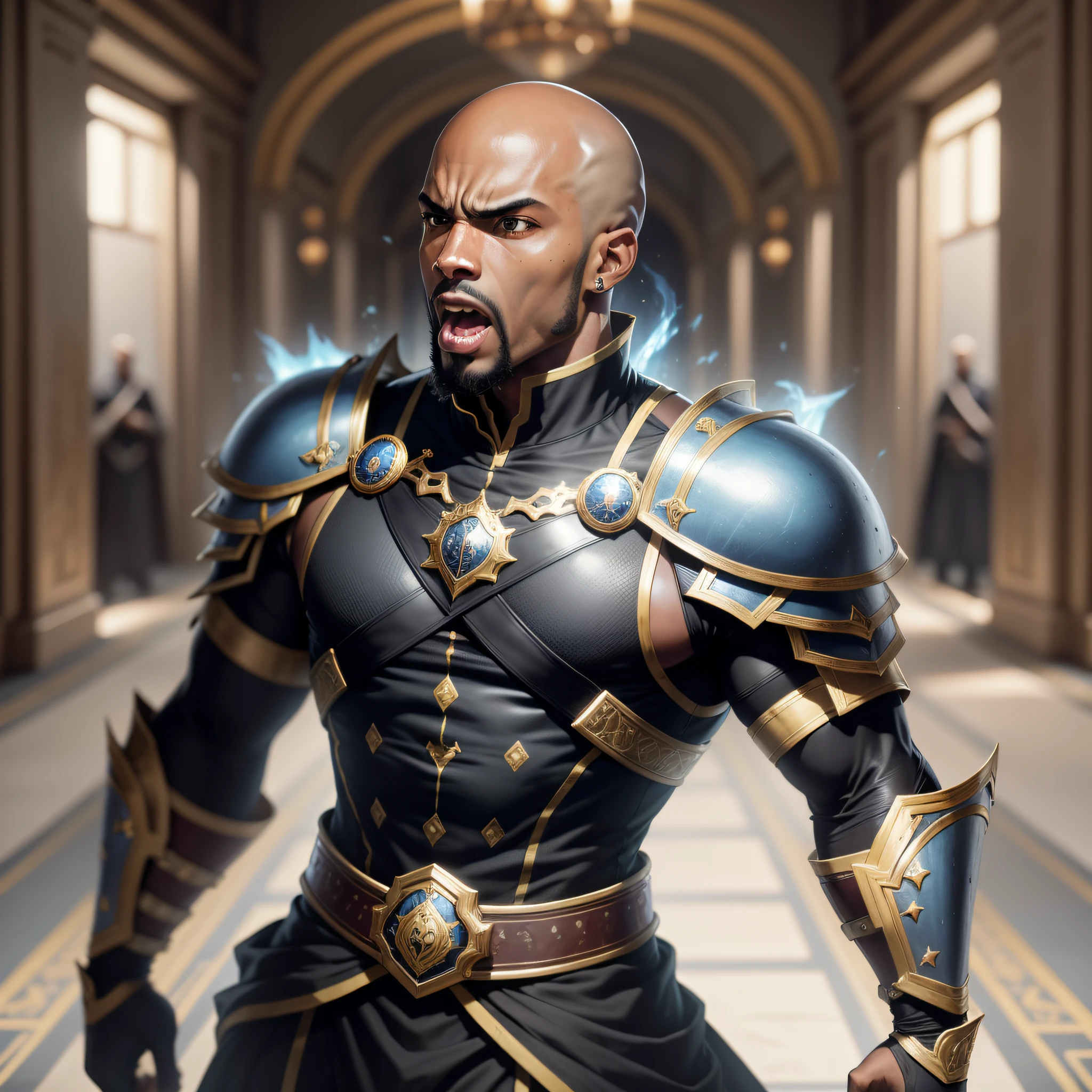 realistic image of a black man, bald, strong, black eyes, dressed in elegant black RPG clothes, black shoulder pads, worried expression, screaming, looking back, a blue aura around his body, defensive combat posture, scenery of a palace hall
