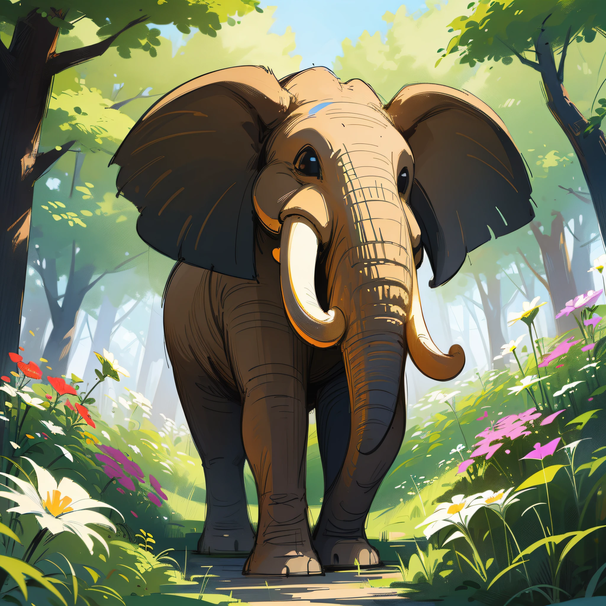 Masterpiece, best quality, {best quality}, {{masterpiece}}, {highres}, animal, elephant, 2d, drawing, digital art, colors, colorful, forest, flowers --auto --s2