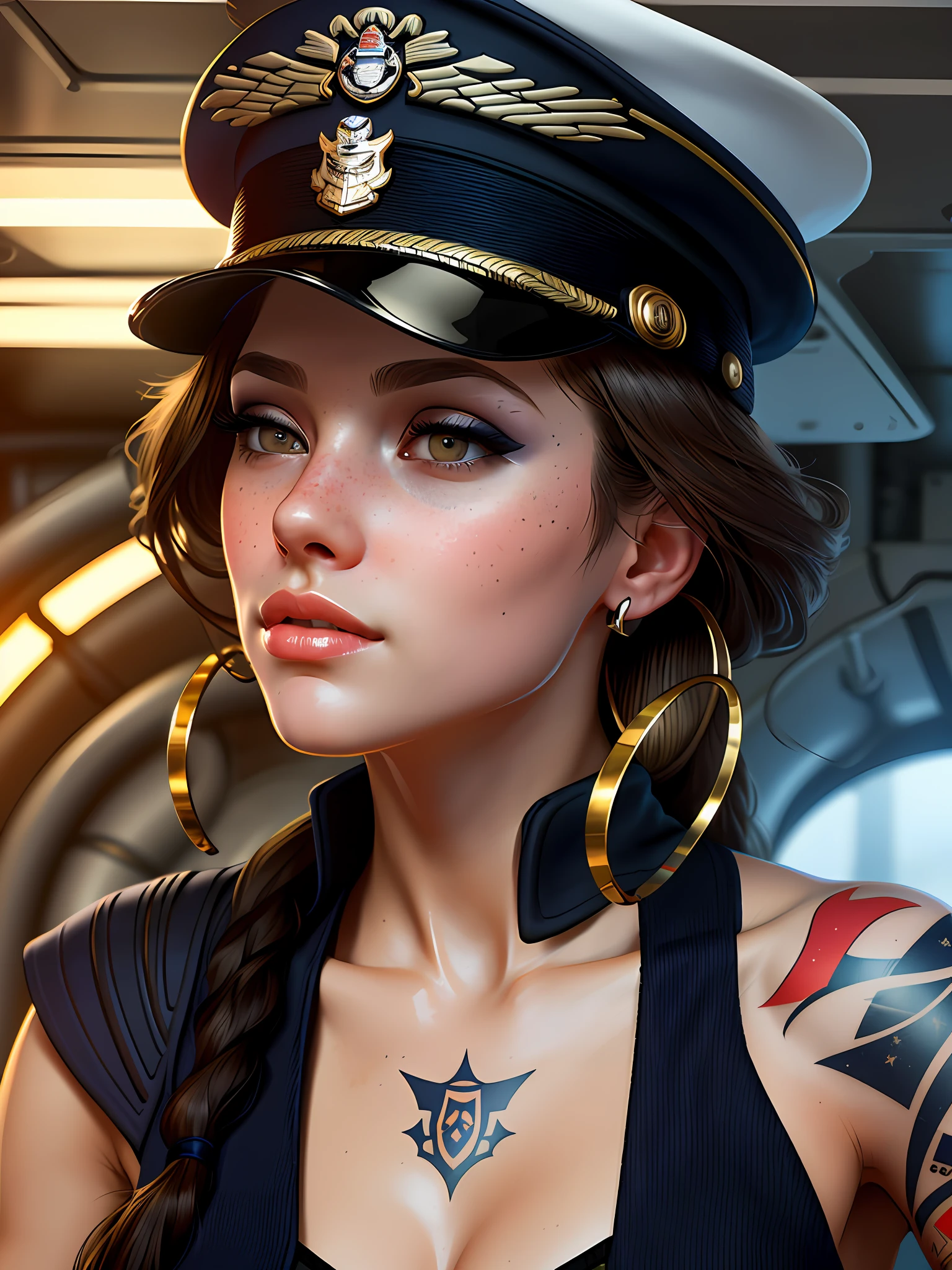 (sexy: 1.1), 1girl, solo, skinny, (hip_lines: 0.9), very_long_hair, navy captain, wearing (navy uniform 1.3), wearing navy hat, cleavage, beast_focus, real skin, (nose freckles: 0.7), goosebumps, (tattoo: 0.6), detailed eyes, Look Far Away, Makeup, Lip Liner, Winged Eyeliner, Hoop Earrings, (Gloss: 0.6), Navy Ship, Shipboard, Radar, Instrumentation, Metal, Pipe, Tools, 8k Resolution Concept Art, Portrait, Alphonse Mucha, WLOP, Dynamic Lighting, Ultra Detail, Intricate Detail, Splash Art, Artstation Trends, Triad Color, Unreal Engine 5, Volume Lighting,