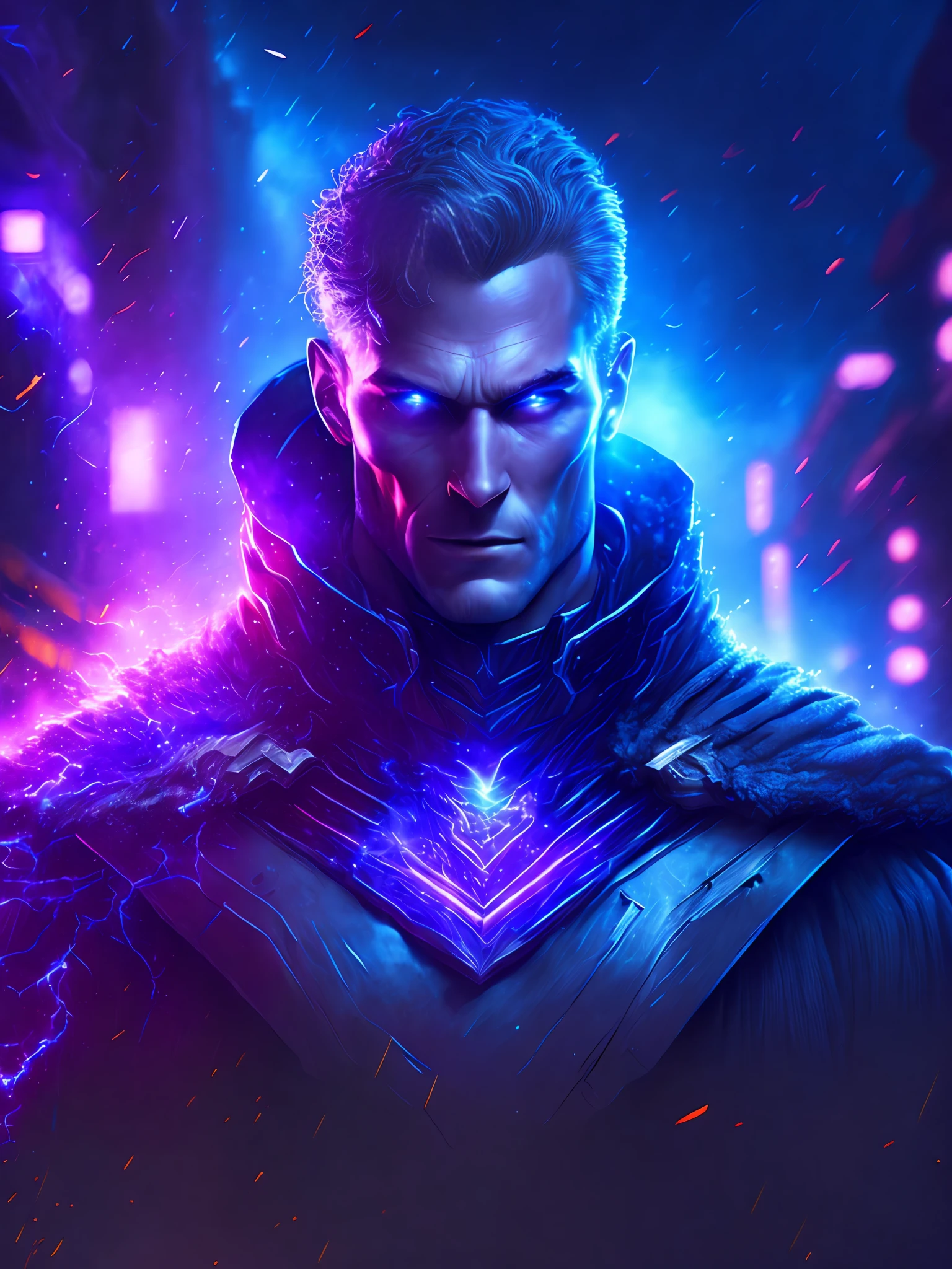 gloomy portrait of Magneto from Marvel, extremely detailed, futuristic cityscape, nighttime, glowing neon lights, smoke, sparks, metal shavings, flying debris, blue energy effects, volumetric light