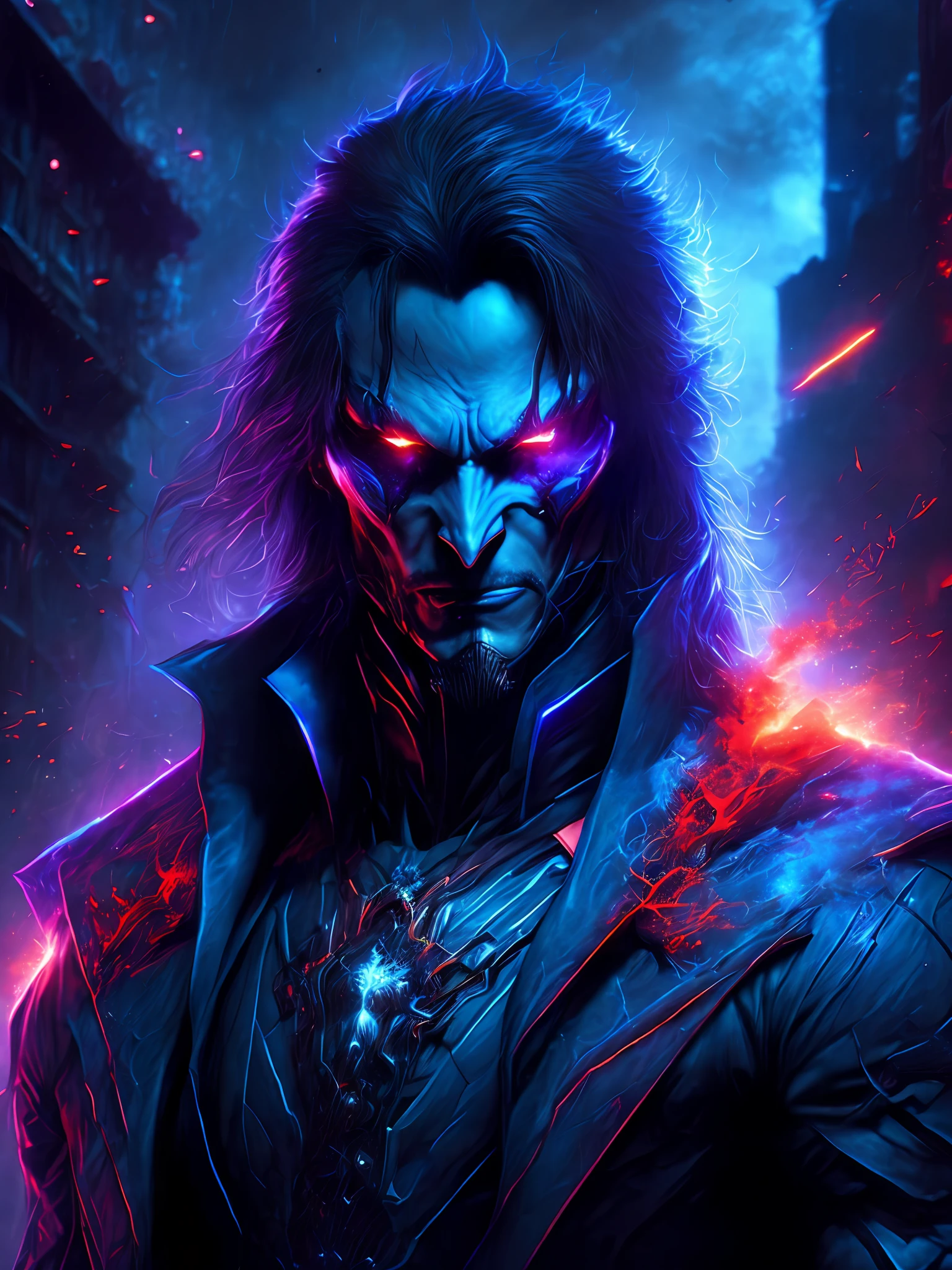 gloomy portrait of Morbius from Marvel, extremely detailed, futuristic cityscape, nighttime, glowing neon lights, smoke, sparks, metal shavings, flying debris, blue energy effects, volumetric light