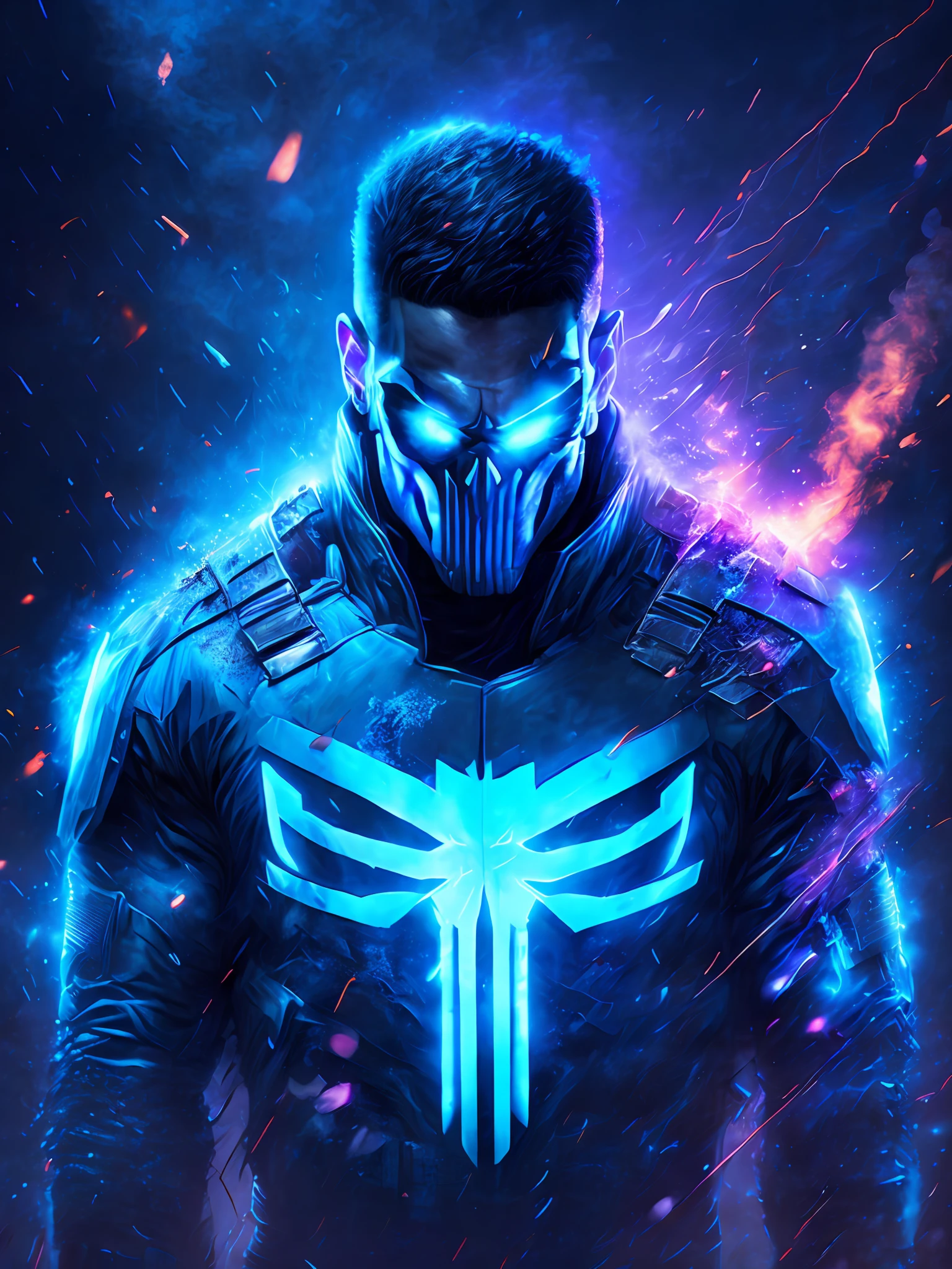 gloomy portrait of Punisher from Marvel, extremely detailed, futuristic cityscape, nighttime, glowing neon lights, smoke, sparks, metal shavings, flying debris, blue energy effects, volumetric light