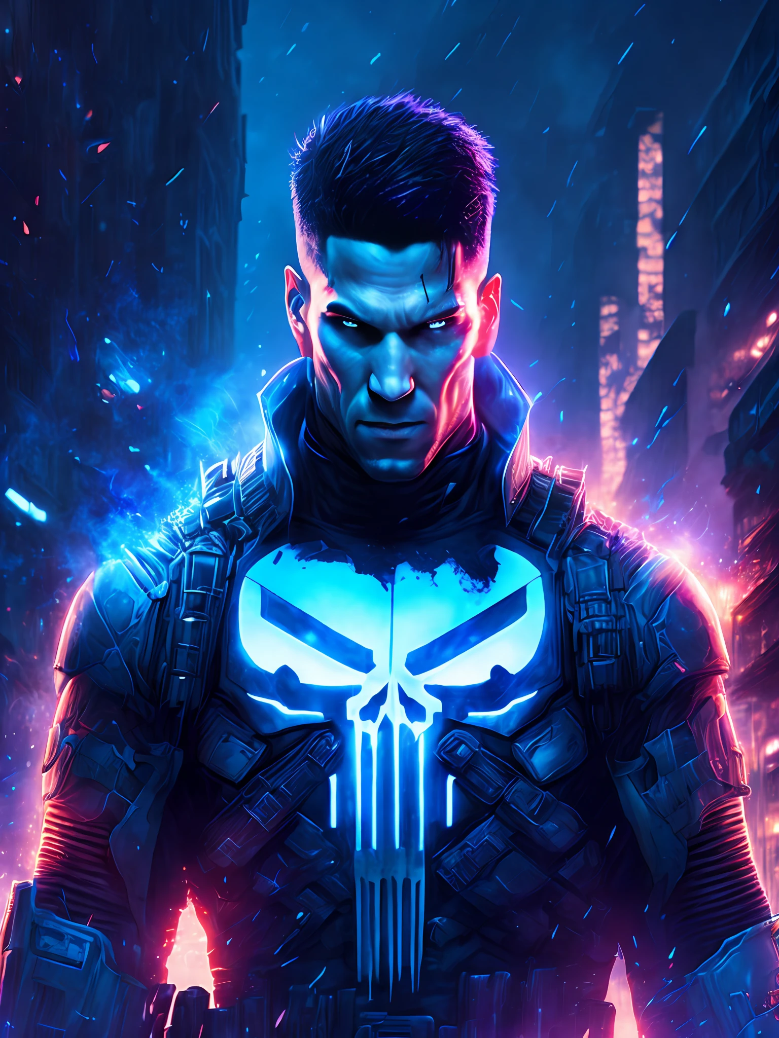 gloomy portrait of Punisher from Marvel, extremely detailed, futuristic cityscape, nighttime, glowing neon lights, smoke, sparks, metal shavings, flying debris, blue energy effects, volumetric light
