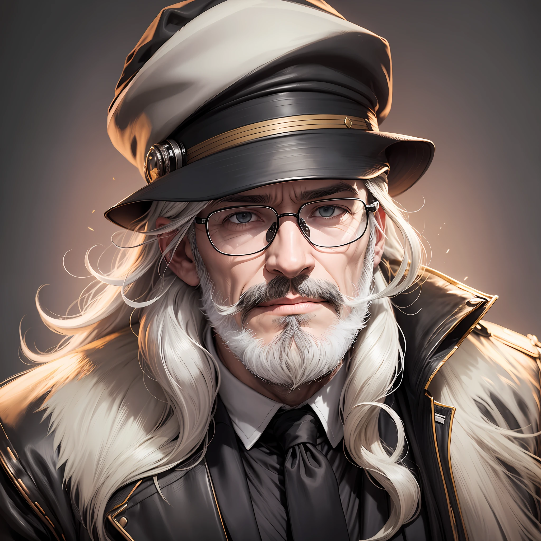a real photo of a man with a sock-looking white beard, eye-length hair, brown eyes, and in a black hat and glasses, and a closed-looking black jacket --auto --s2