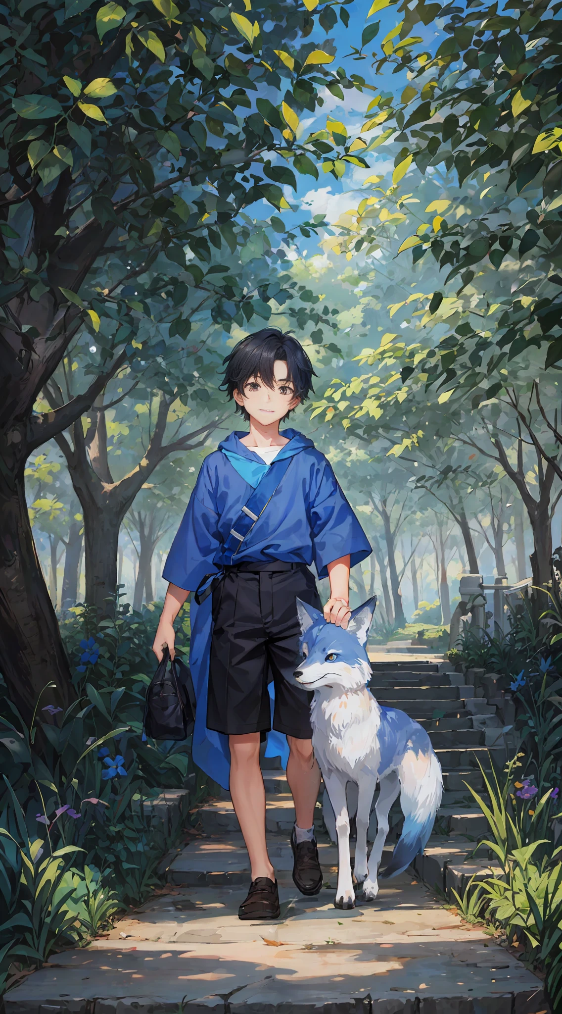 in the Park of Heavenly Harmony, a boy named Daniel. He was a smiling, curious boy and loved to explore the nature around him. One day, while walking through the park, he befriended a very special fox. But this was no ordinary fox, it was a bright blue colored fox.