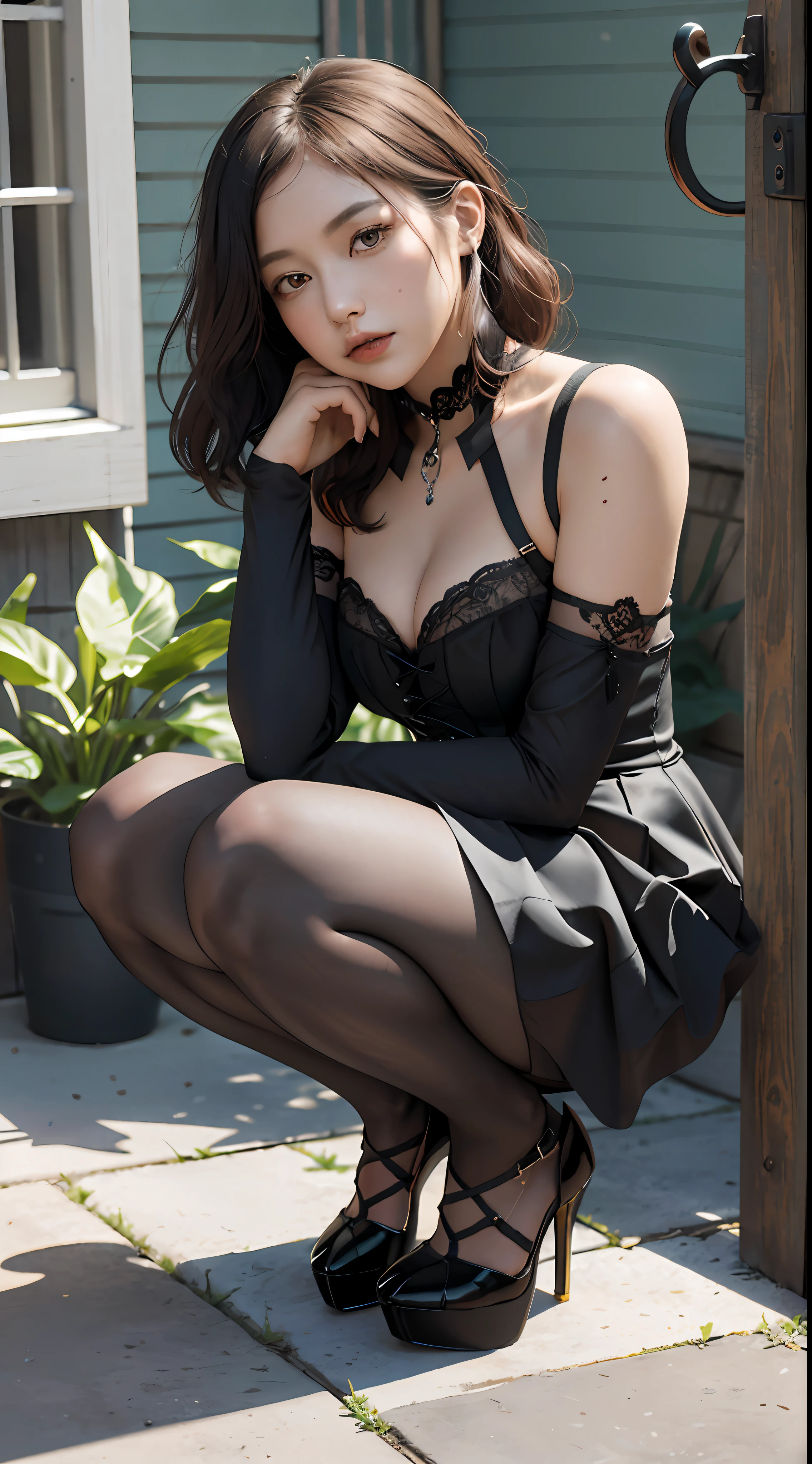 ((8k, masterpiece, best quality), ultra high res, best shadows, illustration, high detail, extremely detailed,

1girl, girl, (((high heels))))), pantyhose, solo, looking at the viewer, (beautiful detailed gothic black corset,) thick legs, extremely wide hips,, curvy, (thin waist), neckline, thigh strap, revealing clothes, revealing clothes, ((exposed stomach, squat, out)), worried, naked ombo, close-up