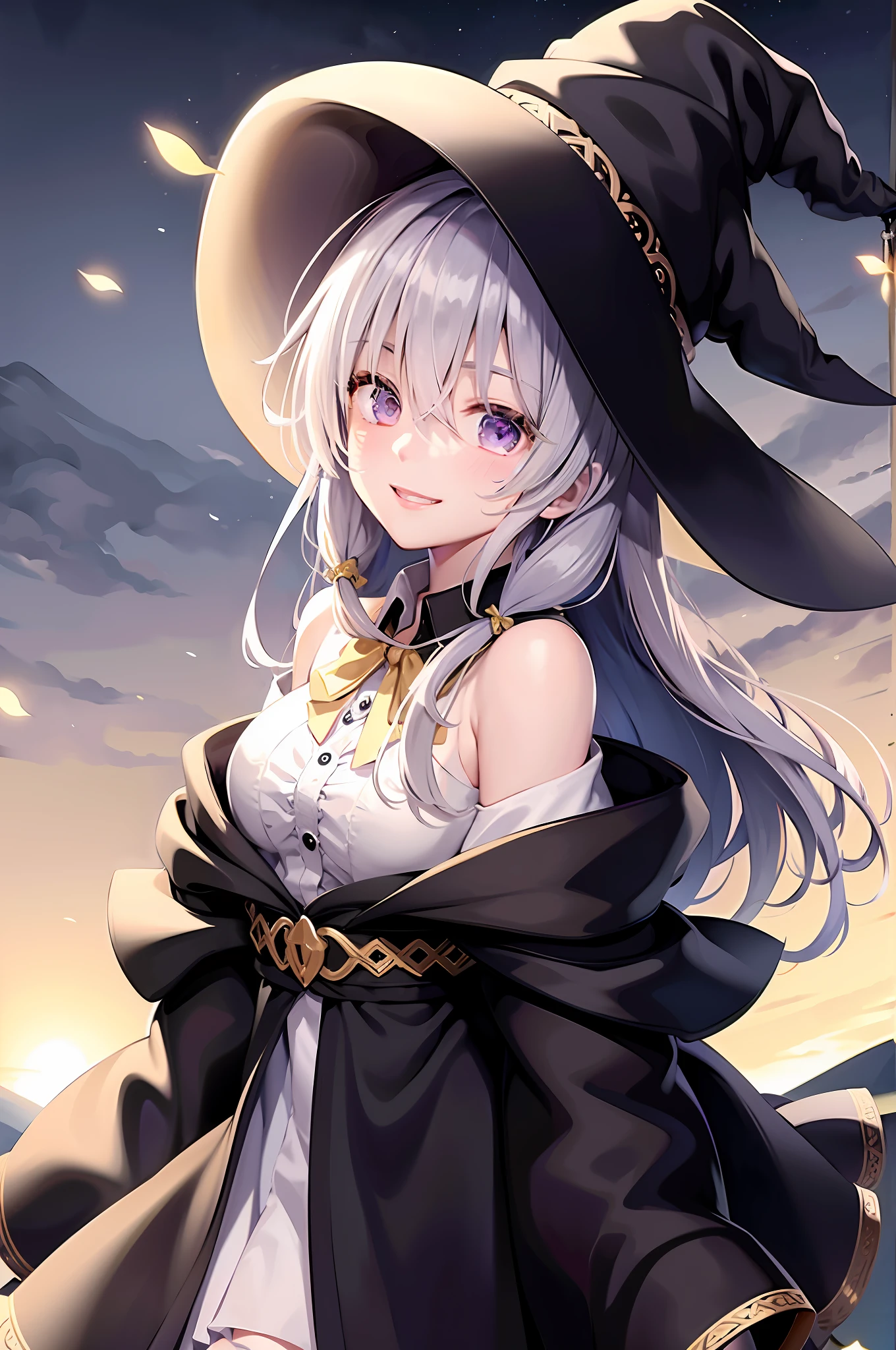 lyileina,witch hat,black robe,bare shoulders ,collared shirt,yellow ribbon,light smile,larger breasts,best quality