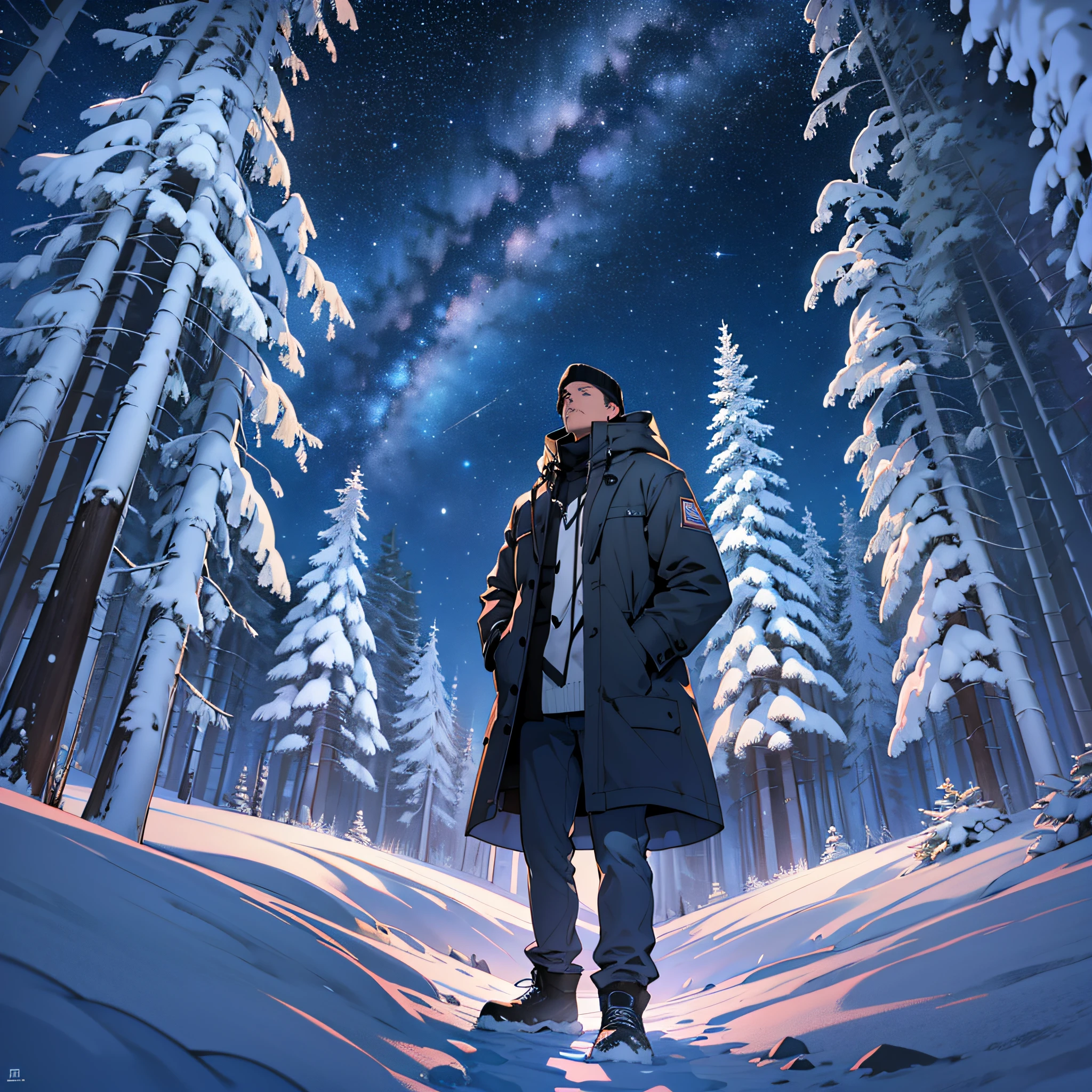 Please create a drawing that depicts a man standing in the middle of the Alaskan cold. He is looking up, marveling at a starry sky. The man is wearing a heavy coat to protect himself from the bitter cold. His breath makes little clouds of steam in the frigid air as he takes in the beauty of the stars that dot the night sky. The surrounding environment is covered in snow and there are tall trees all around, adding a touch of serenity and tranquility to the scene. Please highlight the bright stars and the expression of wonder and peace on the man's face as he contemplates the vastness of the universe. --auto --s2