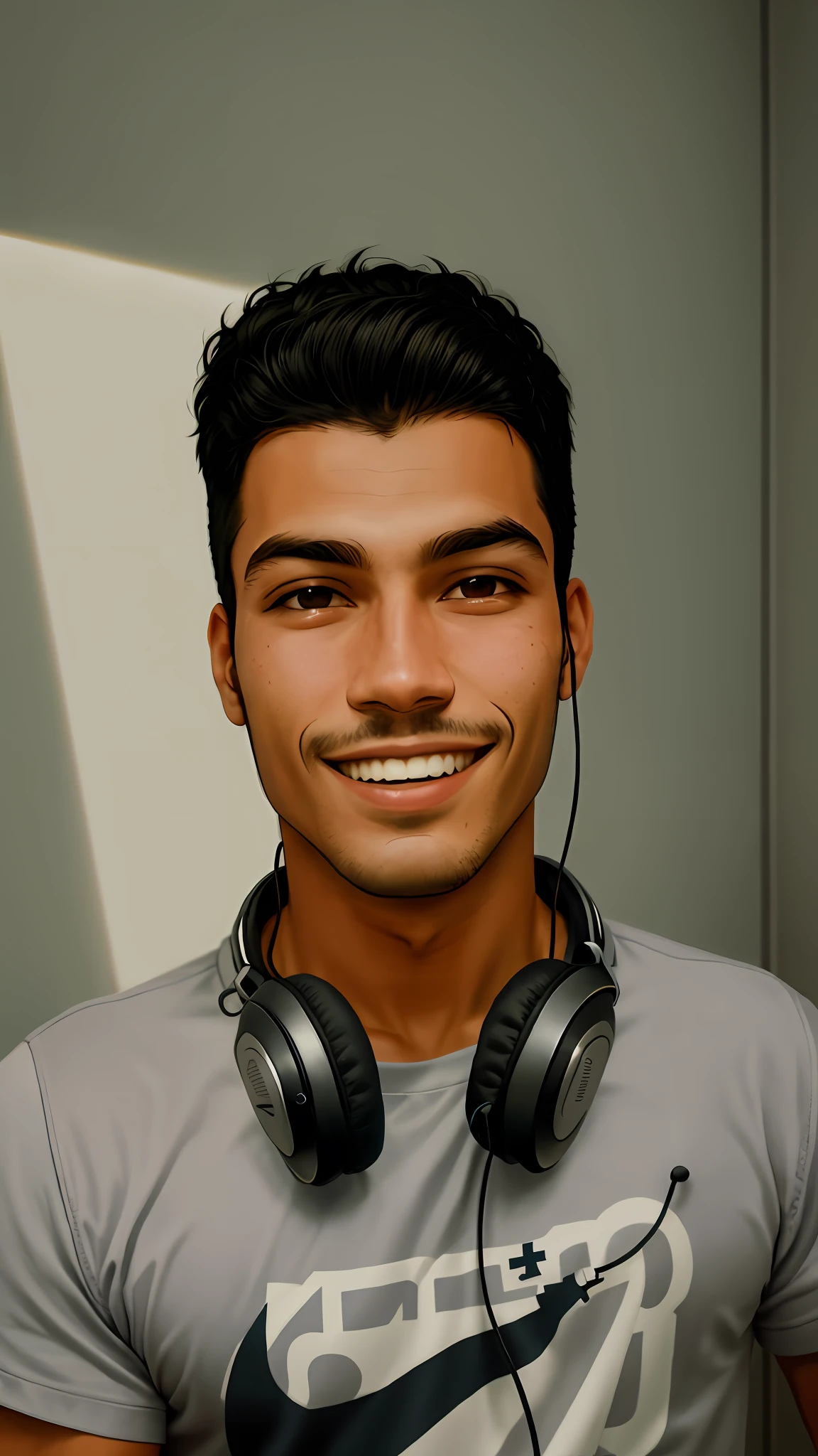 Arafed man wearing headphones and gray shirt in a room, Caio Santos, Mateus 9 5, Icaro Carvalho, Riyahd Cassiem, about 1 9 years, Mohamed Chahin, David Rios Ferreira, Ismail, inspired by Antonio Parreiras, Mohamed Reda, headshot profile picture, Emad Mostaque, anime, smiling