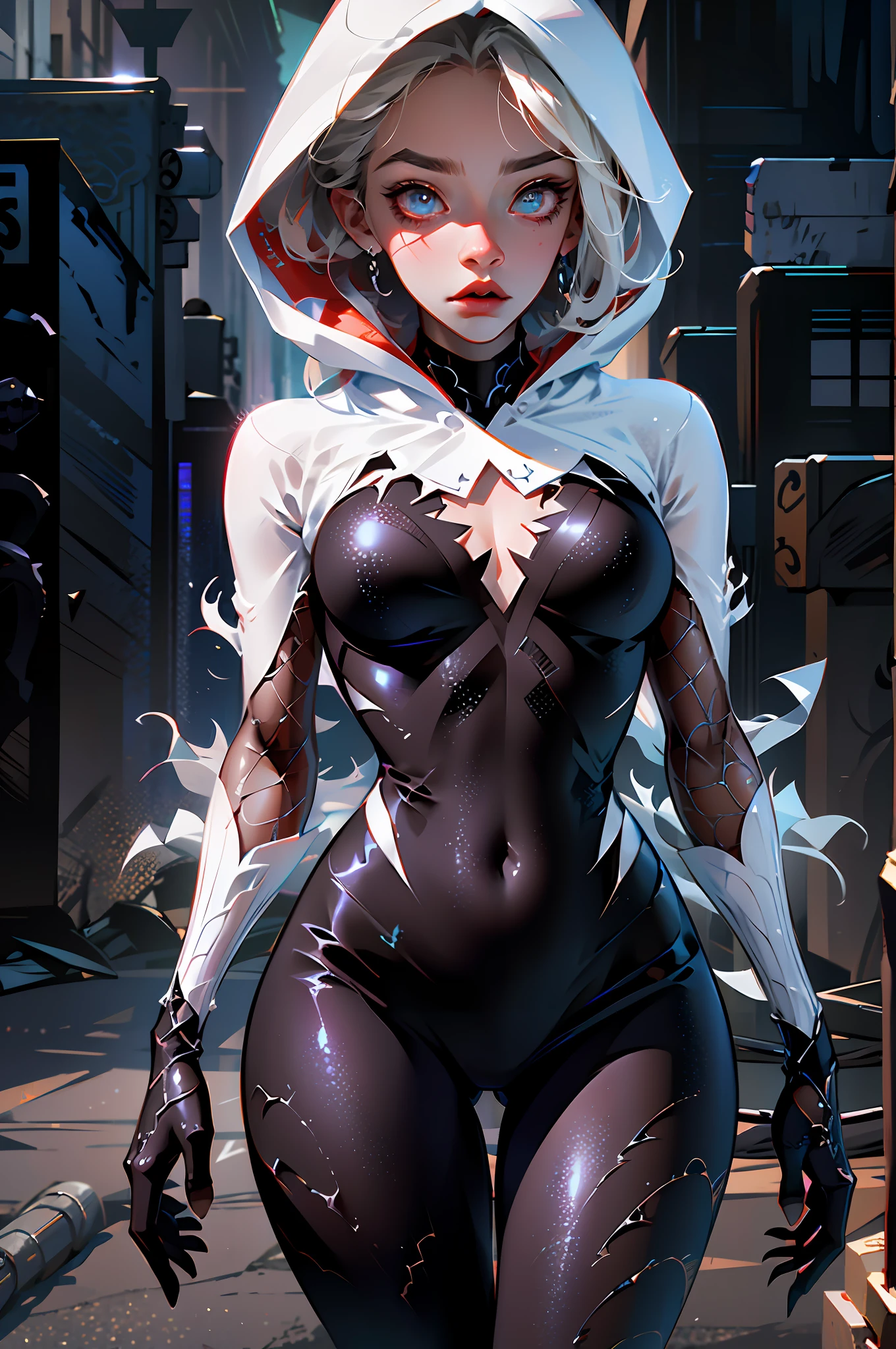 Ghost Spider, organic-looking clothing, symbiote, eyes, fine art, PS5 cinematic screenshot, detailed highly detailed cinematic rendering, ultra photorealistic raytricing, with cinematic lighting