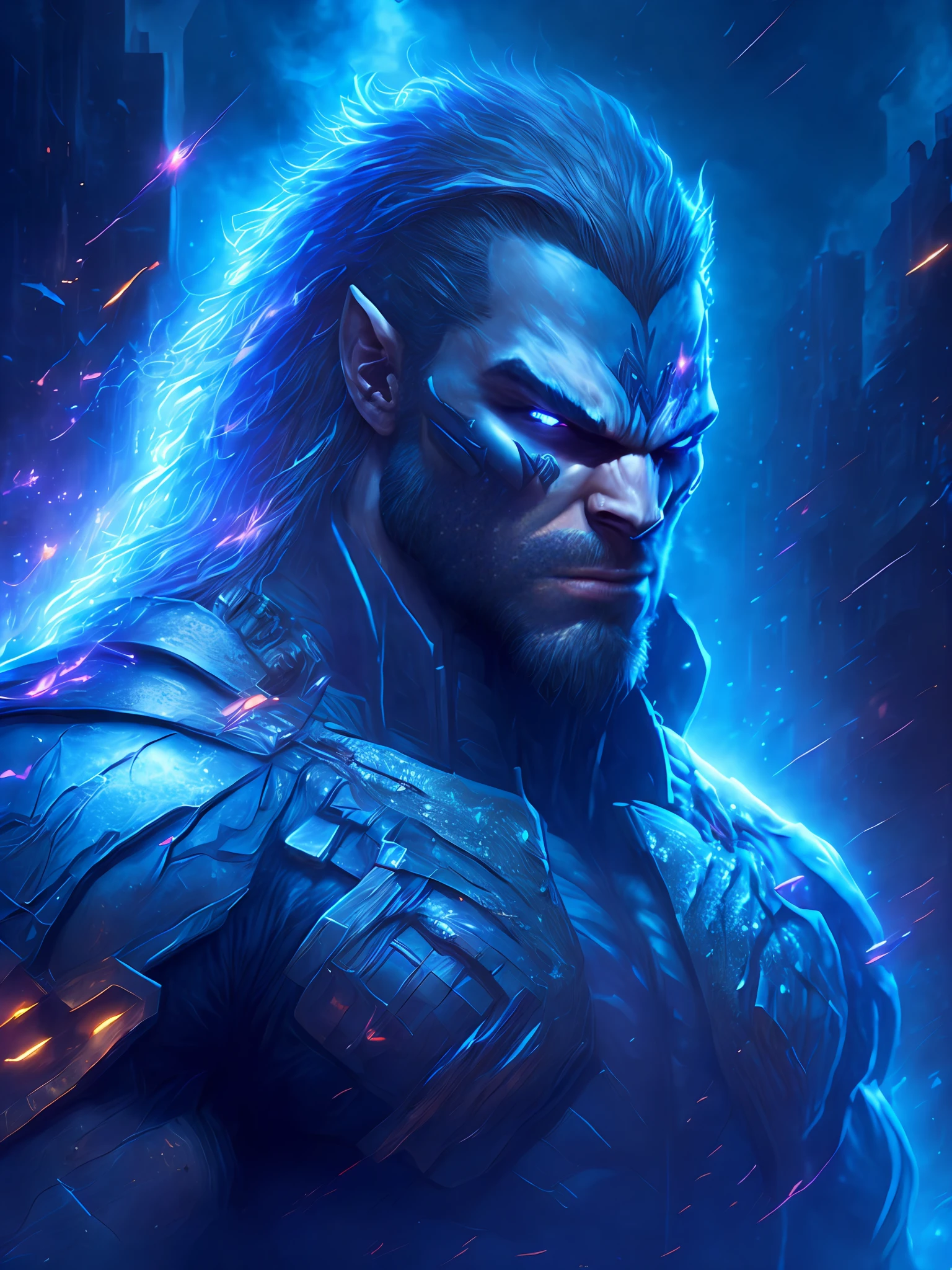 gloomy portrait of Sabretooth from Marvel, extremely detailed, futuristic cityscape, nighttime, glowing neon lights, smoke, sparks, metal shavings, flying debris, blue energy effects, volumetric light