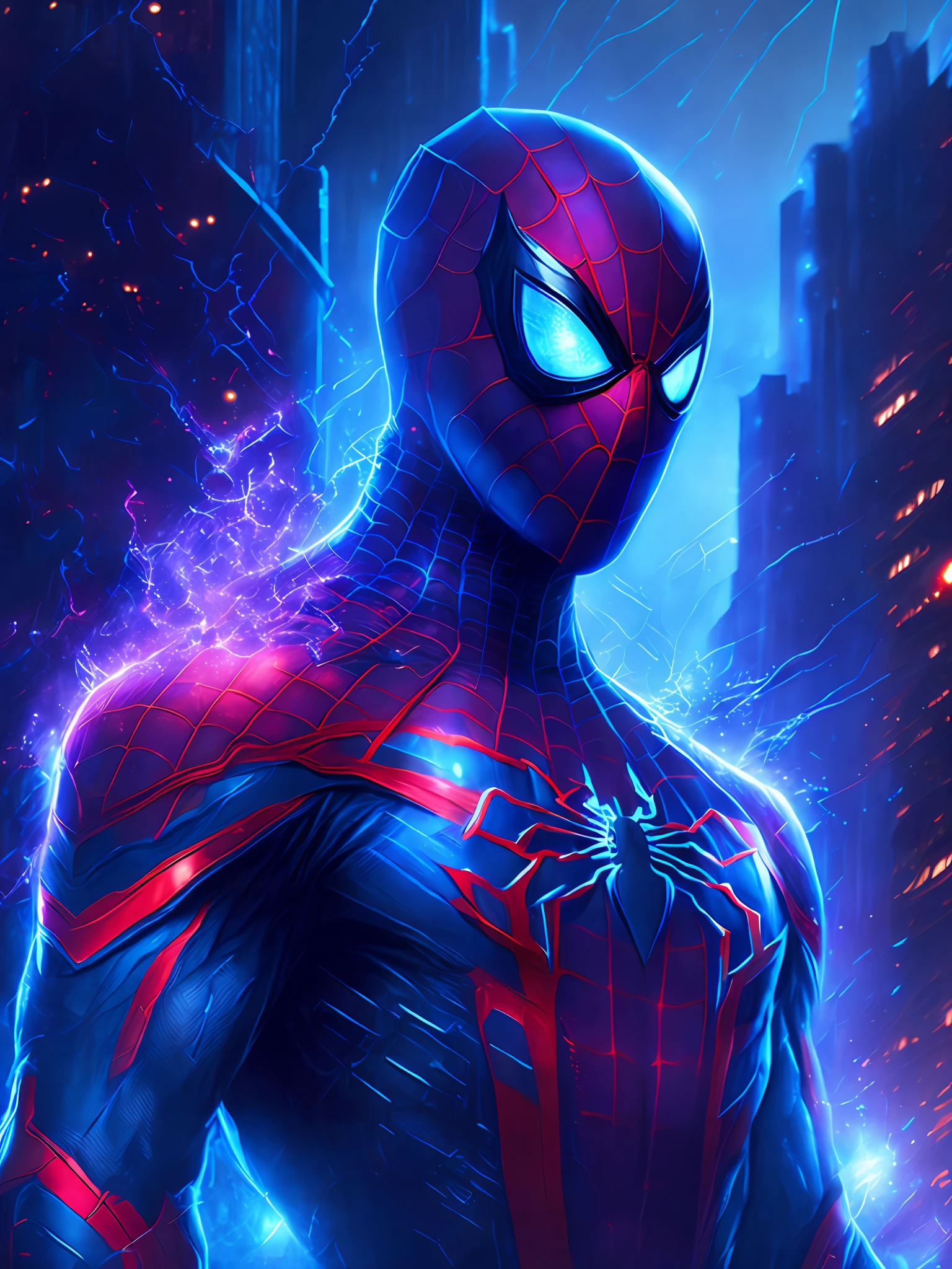 gloomy portrait of Spider-Man from Marvel, extremely detailed, futuristic cityscape, nighttime, glowing neon lights, smoke, sparks, metal shavings, flying debris, blue energy effects, volumetric light