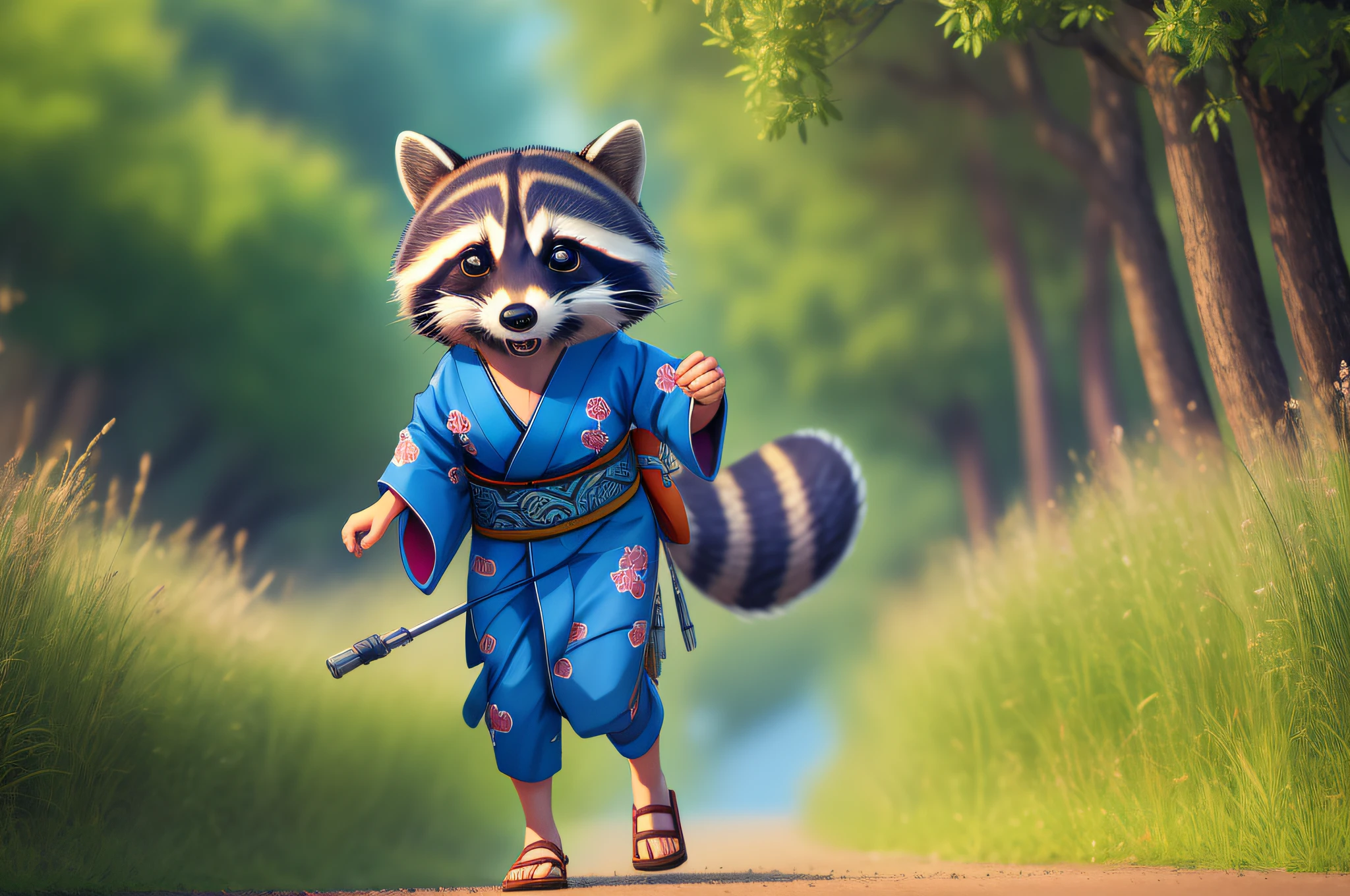 High Resolution, Masterpiece, Best Quality, Highly Detailed CG Unity 8K Wallpaper, Little girl in kimono rides big raccoon and runs through the grassland.