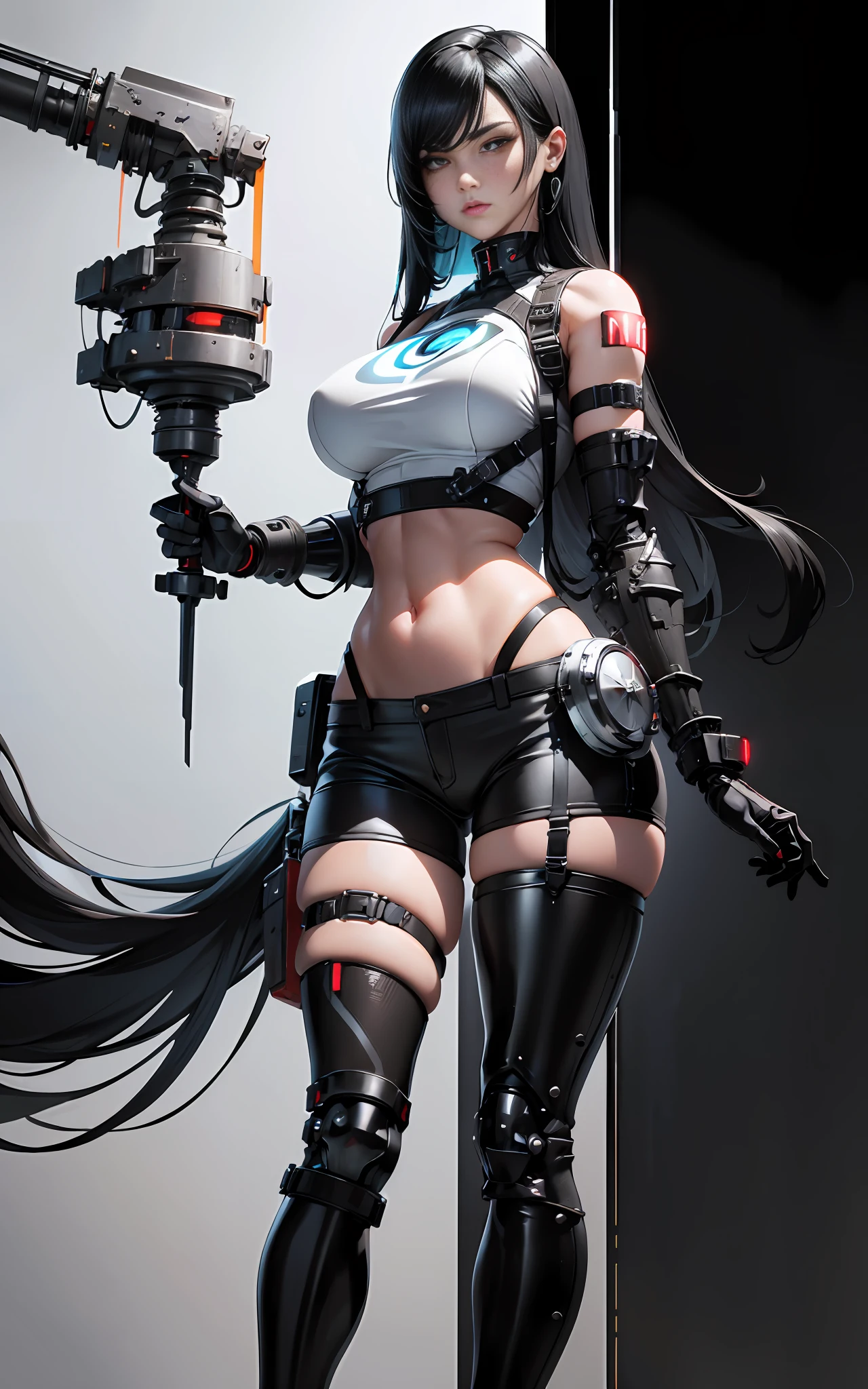 Woman body defined thick thighs, cybernetic body parts,bionic arm, prosthetic arm, mechanical arm, mecha arm, android, mechanical armour, short underwear, tifa lockhart, long straight black hair, red eyes, (huge breasts: 1.5) white bra, black booty shorts, gloves