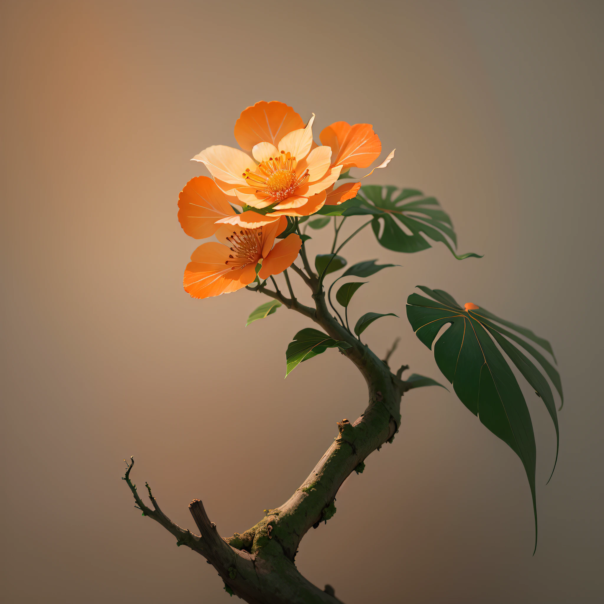 begonia flower blooming on a twisted branch against a gray background, simple background, in light orange and light beige style, minimalist images, photographic installations, paleocore, green and crimson, hyper-realistic poetic intimacy 768X2048 --auto --s2