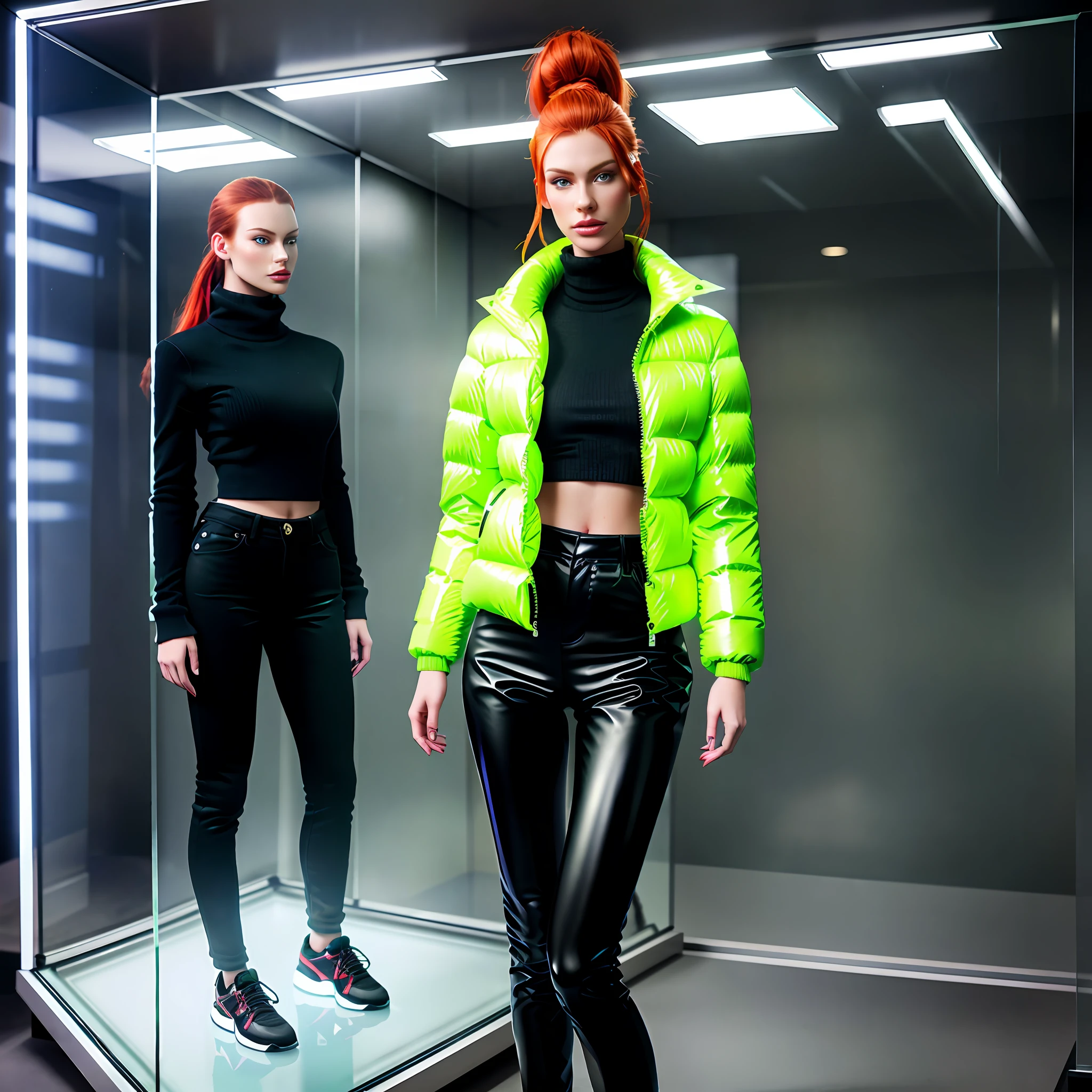 Creates an image of a (((full body mannequin: 1.5))) with perfect Irish Nordic facial features, redhead natural red hair, (((inside a display case: 1.5))) wearing (((Balenciaga puffer style jacket oversized: 1.5))) ((neon green, vivid color, criticism)), modern pants,(((posing static inside a showcase))) with mannequin aspect, shop window, better image quality,  High Resolution Photography Camera 100mm Lens