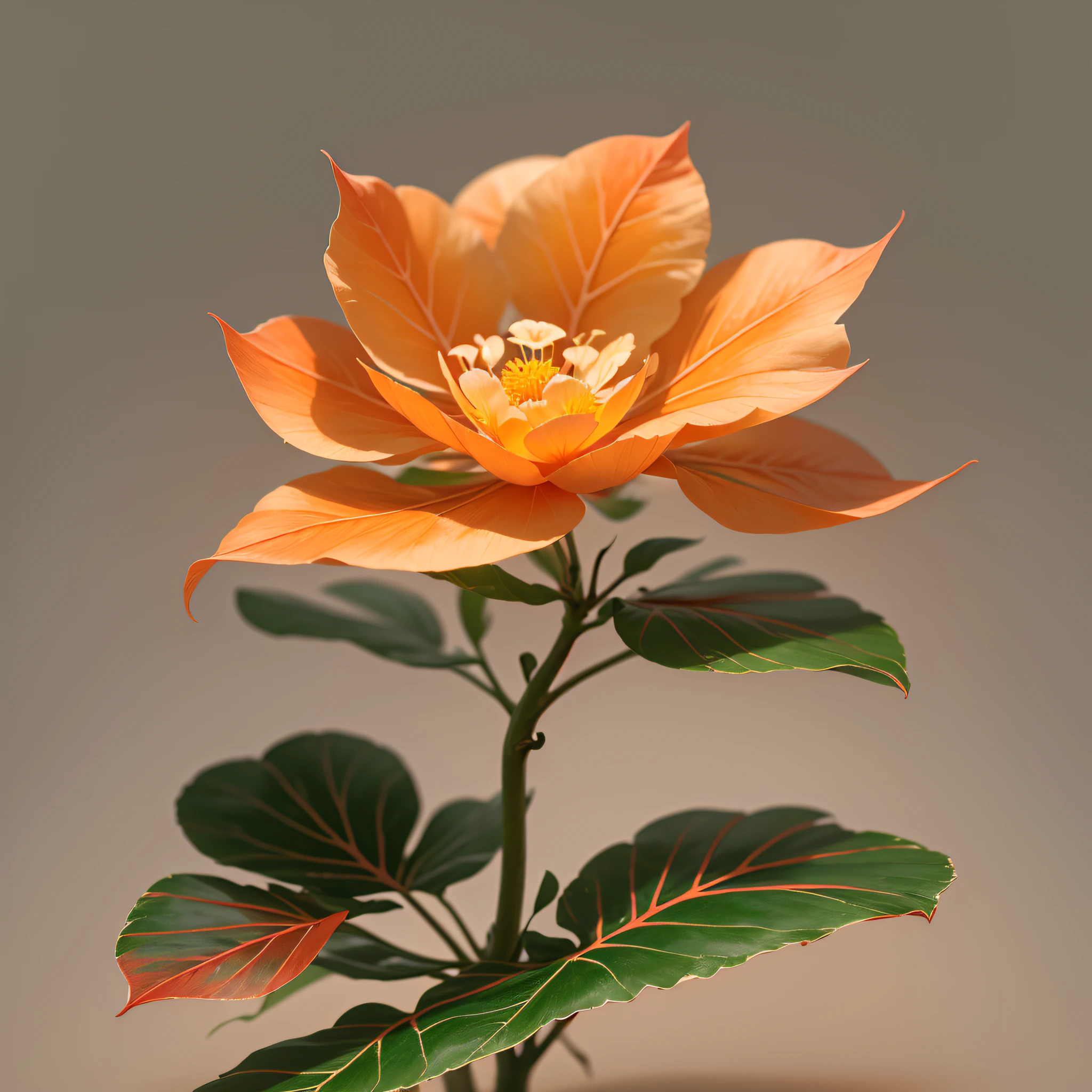 begonia flower blooming on a twisted branch against a gray background, simple background, in light orange and light beige style, minimalist images, photographic installations, paleocore, green and crimson, hyper-realistic poetic intimacy 768X2048 --auto --s2