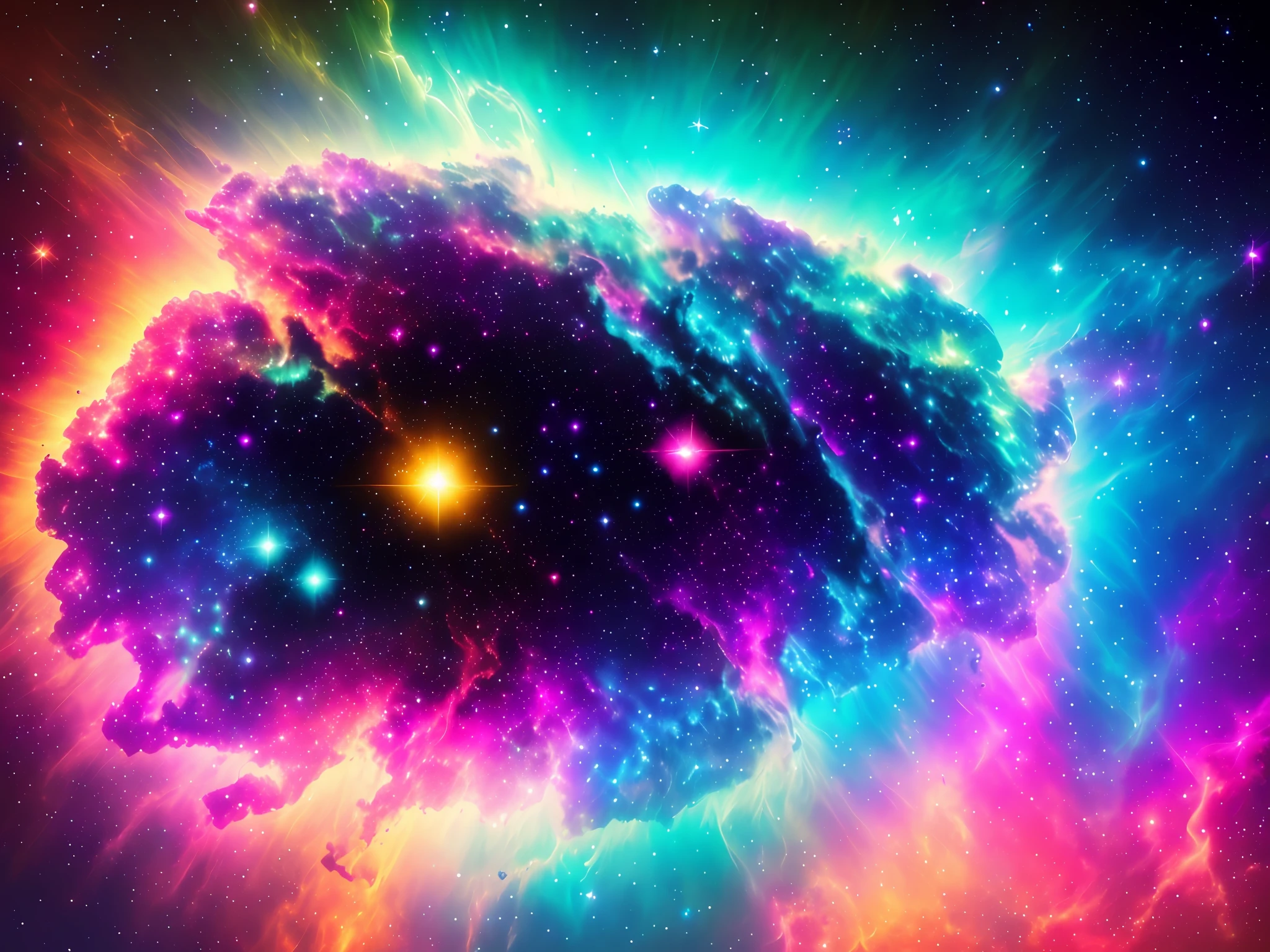 swpunk, synthwave, paint splatters, (extremely detailed 8k wallpaper), an intergalactic nebula on a colorful background of stars, ray tracing, Intricate, High Detail, dramatic, best quality masterpiece, photorealistic, detailed, 8k, HDR, backlighting, bloom, light sparkles, chromatic aberration, sharp focus