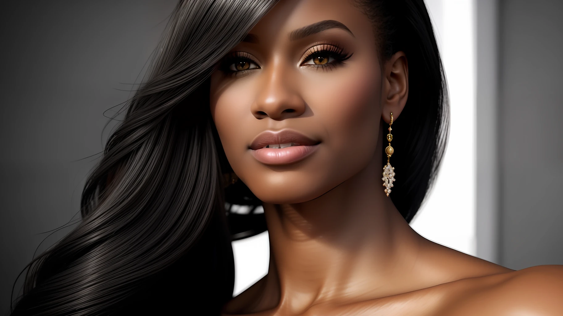 (masterpiece) best quality ultra-detailed CG portrait of Monique Wilborn, realistic rendering, high resolution, dynamic pose, looking straight into the camera, (long black hair:1.5 + bright makeup: 1.2), (jewelry:1.3 + elegant dress), dramatic lighting with shadows getting gradually darker toward the edges, radiance effect with slightly blurred background, in a studio setting. Monique wilborn
