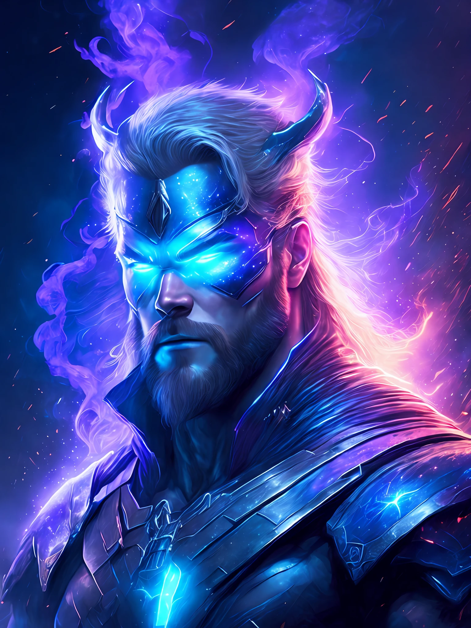 gloomy portrait of Thor from Marvel, extremely detailed, futuristic cityscape, nighttime, glowing neon lights, smoke, sparks, metal shavings, flying debris, blue energy effects, volumetric light