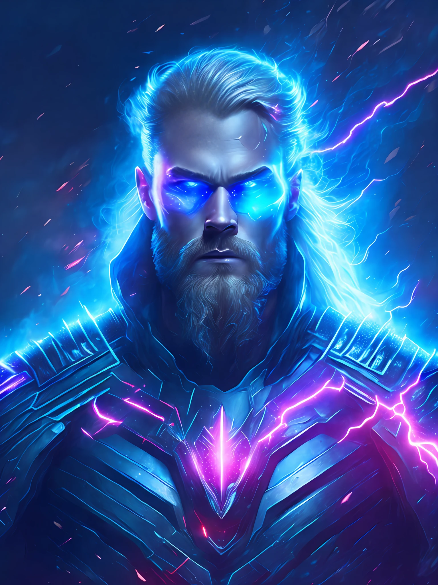 gloomy portrait of Thor from Marvel, extremely detailed, futuristic cityscape, nighttime, glowing neon lights, smoke, sparks, metal shavings, flying debris, blue energy effects, volumetric light