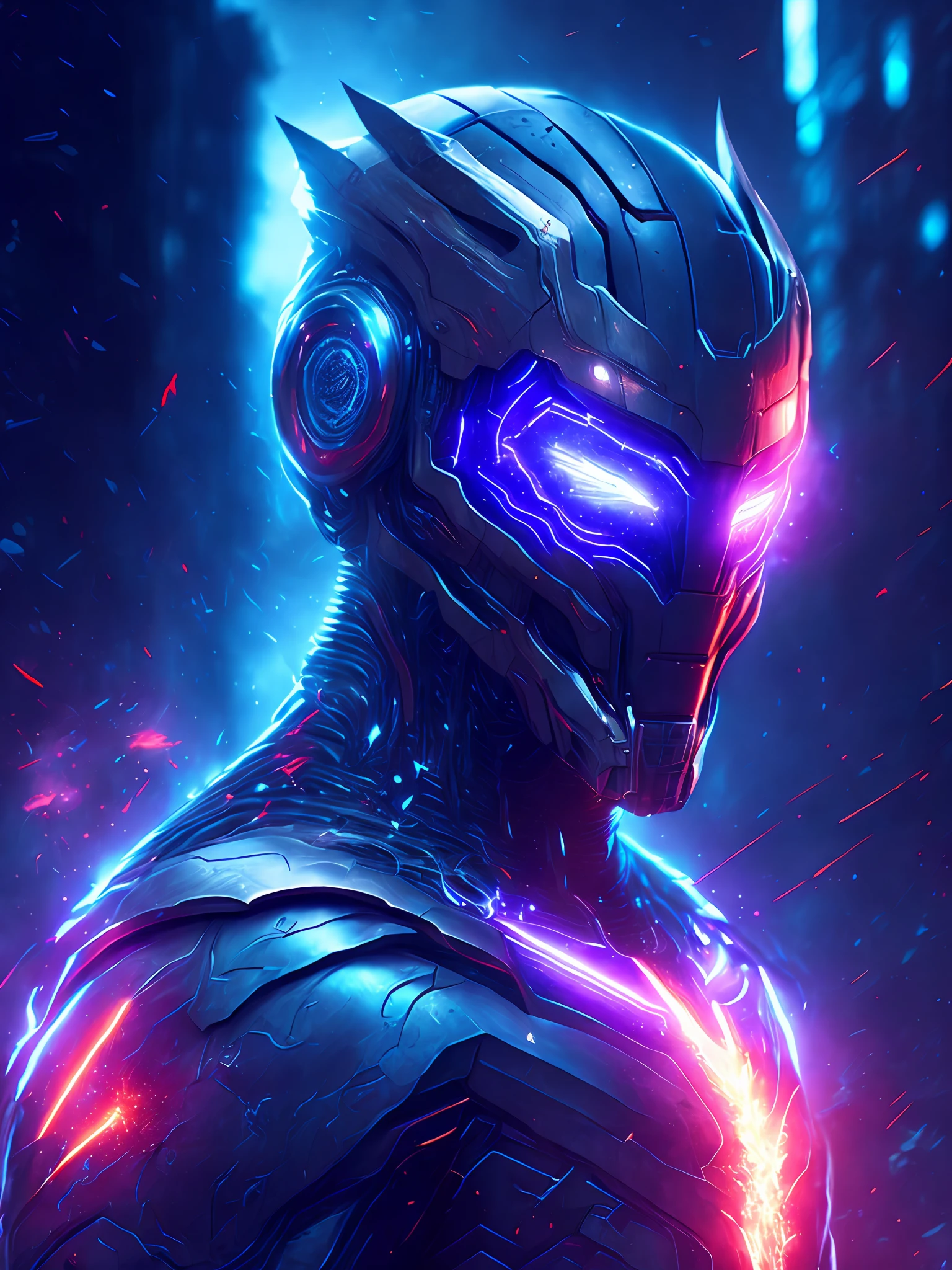 gloomy portrait of Ultron from Marvel, extremely detailed, futuristic cityscape, nighttime, glowing neon lights, smoke, sparks, metal shavings, flying debris, blue energy effects, volumetric light