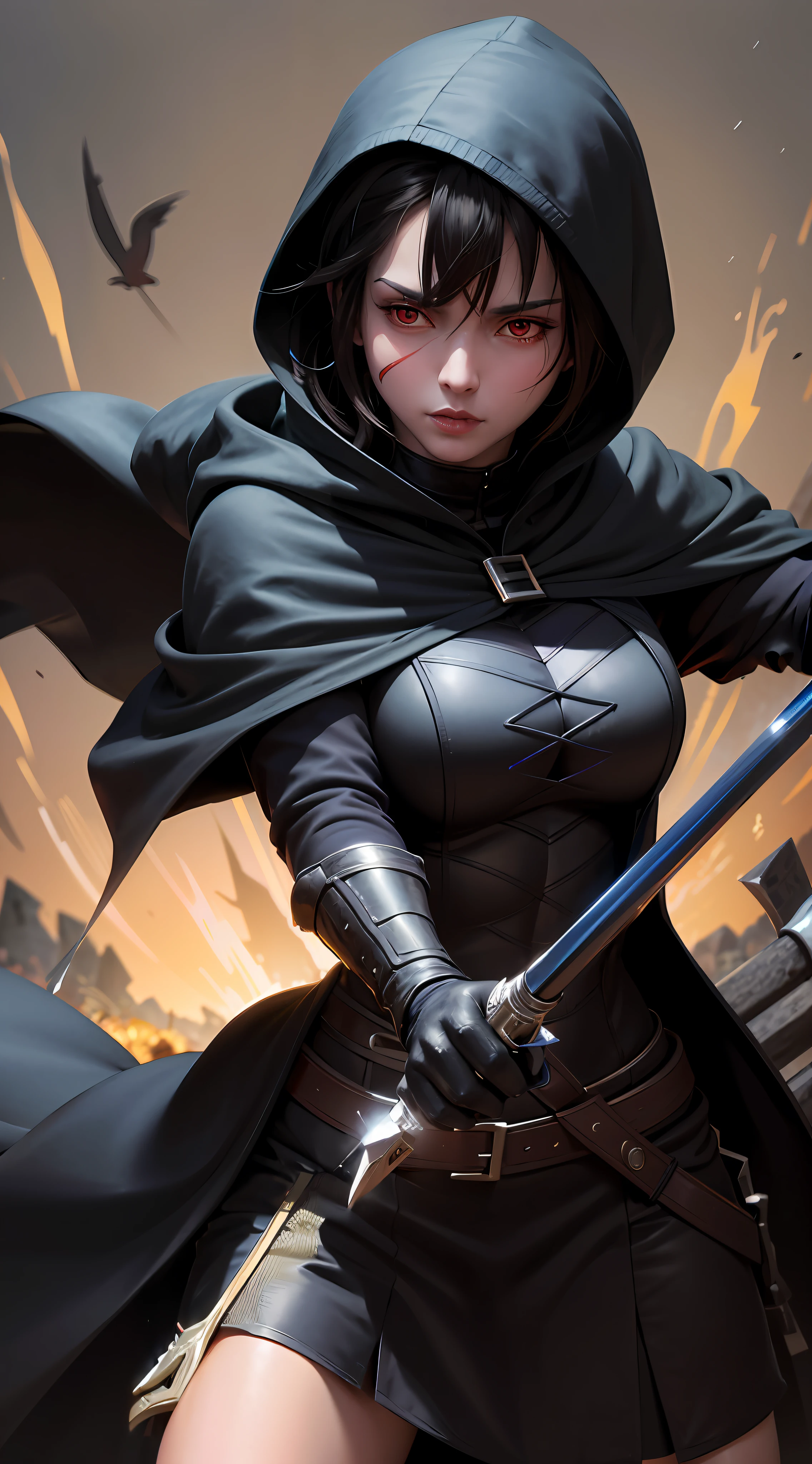 (best quality, masterpiece), a warrior with blue hair in a battle scene, holding his sword tightly as he tries to hit the target. The pose needs to be corrected to make the scene more realistic. Lighting should help highlight your determination and start creating a dramatic contrast to the background.