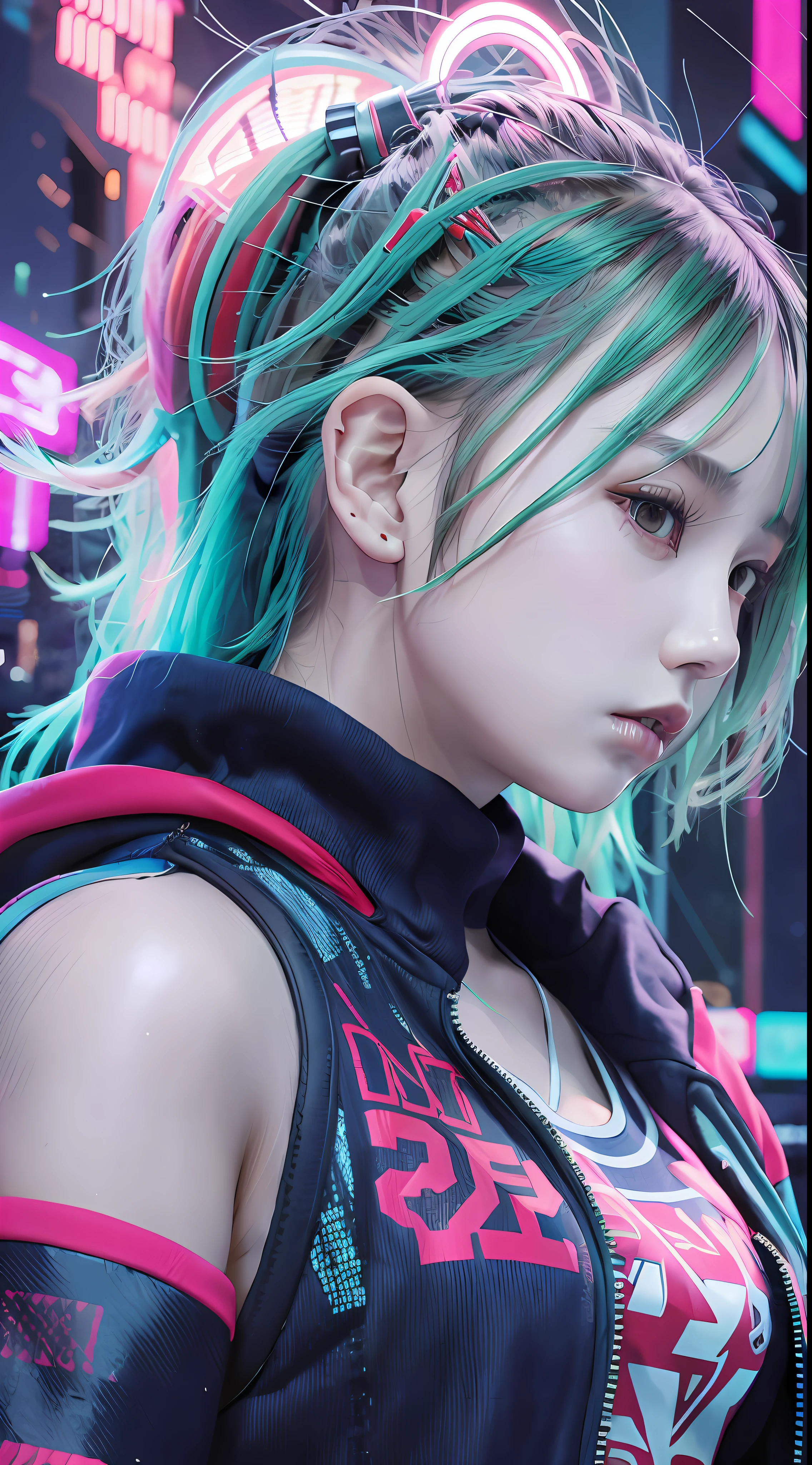 Wearing cyberpunk complex streetwear, beautiful, girl, detailed portrait, 4 K, bright colors, concept art, cinematic dramatic atmosphere, sharp focus, volumetric lighting, cinematic lighting, studio quality