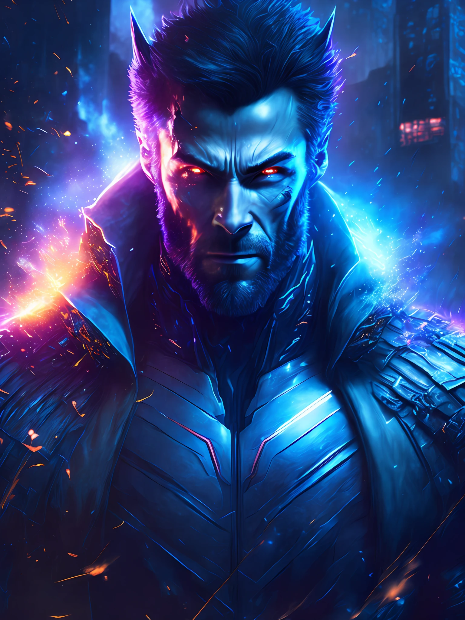 gloomy portrait of Wolverine from Marvel, extremely detailed, futuristic cityscape, nighttime, glowing neon lights, smoke, sparks, metal shavings, flying debris, blue energy effects, volumetric light