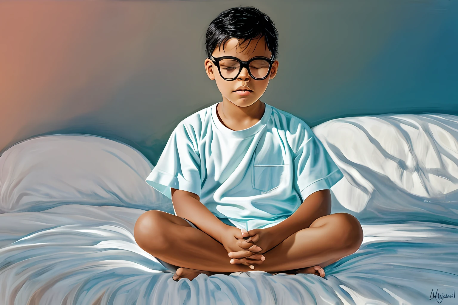 guttonerdvision3, Create an illustration that portrays a 3-year-old boy wearing glasses, with a detailed face and skin. He is dressed in a child's pajamas and is shown kneeling on the floor beside his bed. His elbows are resting on the mattress, and his hands are clasped together in a prayer position. His eyes are closed, indicating that he is deep in prayer.

From above, a bright celestial light shines down on the boy, creating a heavenly and ethereal atmosphere. The light illuminates his face, emphasizing the tranquility and serenity of his prayerful state. Use subtle shading and highlights to enhance the luminosity of the celestial light, giving it a radiant and otherworldly quality.

Pay close attention to the intricate details of the boy's face, capturing the expression of peace and devotion. Show the subtle contours of his skin, the reflection of the light in his glasses, and the texture of his pajamas. Use Alex Ross's signature style to bring realism and depth to the illustration.

Surround the boy with elements that reinforce the celestial atmosphere. You can include soft clouds or heavenly rays in the background to further enhance the sense of divine presence. Keep the color palette light and ethereal, with gentle shades of white, gold, and pastel tones.

Incorporate Alex Ross's artistic approach by paying attention to realistic rendering, meticulous attention to detail, and capturing the emotional depth of the scene. The final illustration should evoke a sense of reverence and spirituality, with the boy's prayer being answered by the celestial light shining upon him.

Please note that as an AI text-based model, I can't generate visual illustrations directly. However, I have provided a detailed description that can serve as a guide for an artist to create the desired illustration in Alex Ross's style.