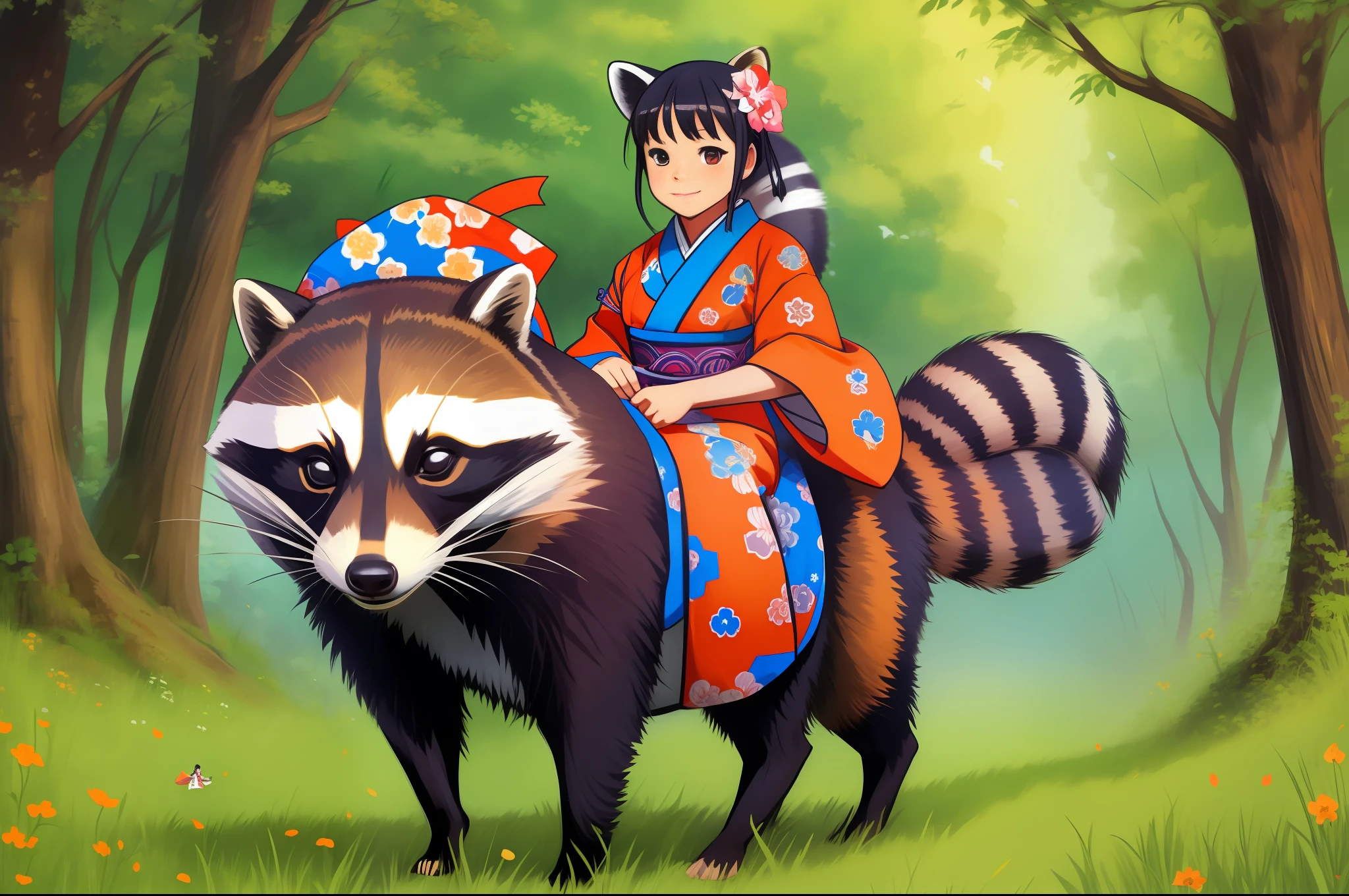 A girl in a kimono rides a large raccoon through the grassland.