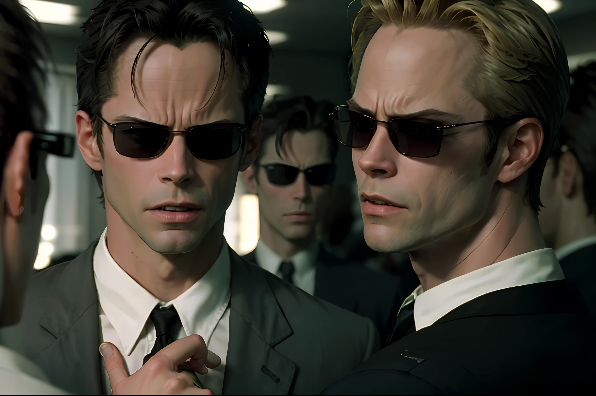 ((best quality)), ((masterpiece)), (detailed) fan art of evil man, there are two people fist fighting, evil looking blond GUY PEARCE face, blond GUY PEARCE in a suit with square sunglasses close up, blond GUY PEARCE in a suit angry, blond GUY PEARCE in a suit with squared sunglasses, square sunglasses, the matrix (1999), square sunglasses, night, 80mm, ((western animation)), (neo the matrix (1999)), (short hair), (((camera facing back)))