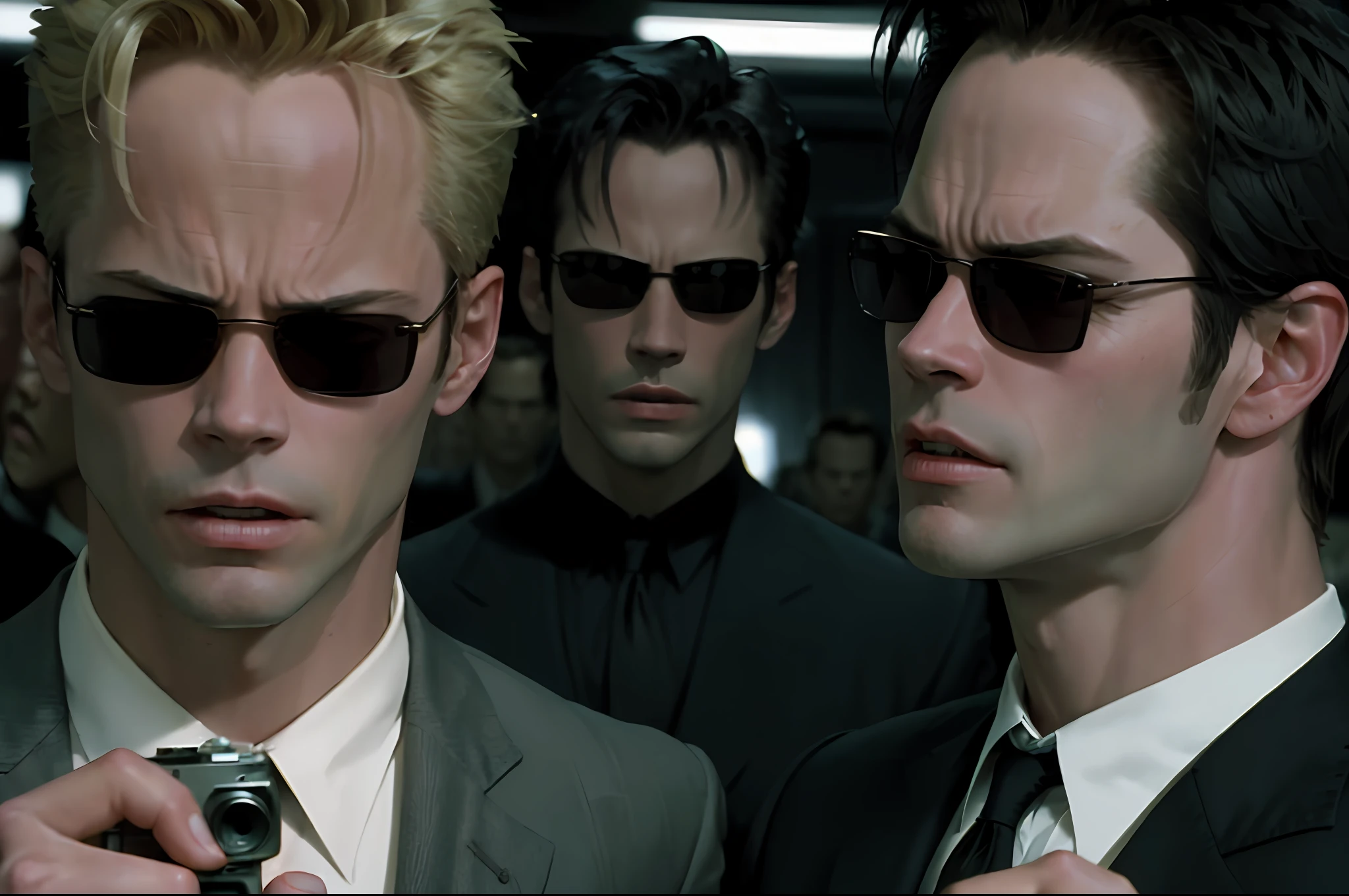 ((best quality)), ((masterpiece)), (detailed) fan art of evil man, there are two people fist fighting, evil looking blond GUY PEARCE face, blond GUY PEARCE in a suit with square sunglasses close up, blond GUY PEARCE in a suit angry, blond GUY PEARCE in a suit with squared sunglasses, square sunglasses, the matrix (1999), square sunglasses, night, 80mm, ((western animation)), (neo the matrix (1999)), (short hair), (((camera facing back)))