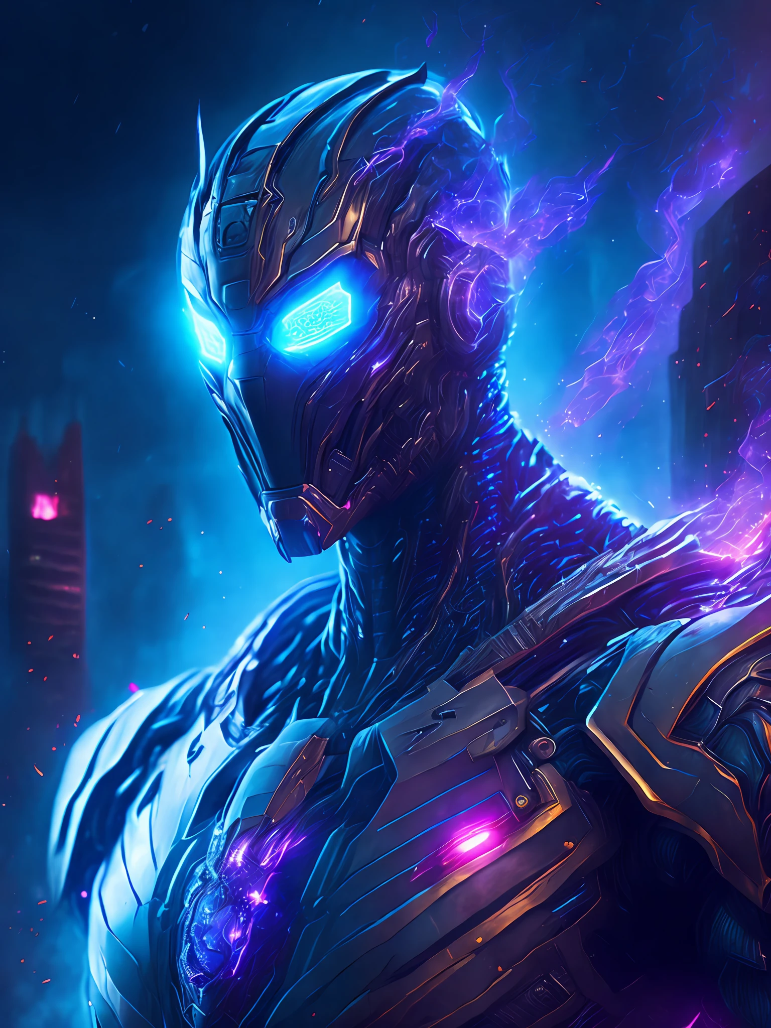gloomy portrait of Ultron from Marvel, extremely detailed, futuristic cityscape, nighttime, glowing neon lights, smoke, sparks, metal shavings, flying debris, blue energy effects, volumetric light