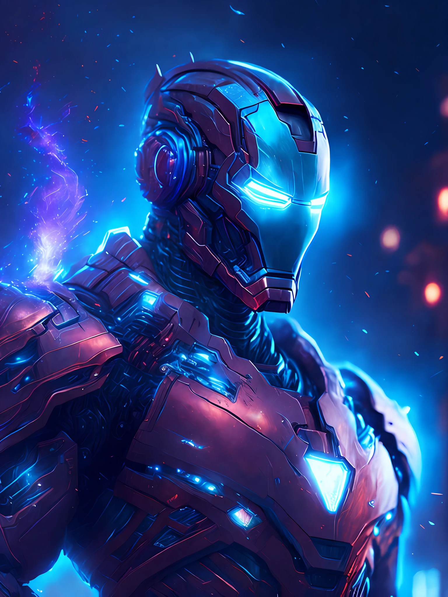 gloomy portrait of Iron Man from Marvel, extremely detailed, futuristic cityscape, nighttime, glowing neon lights, smoke, sparks, metal shavings, flying debris, blue energy effects, volumetric light