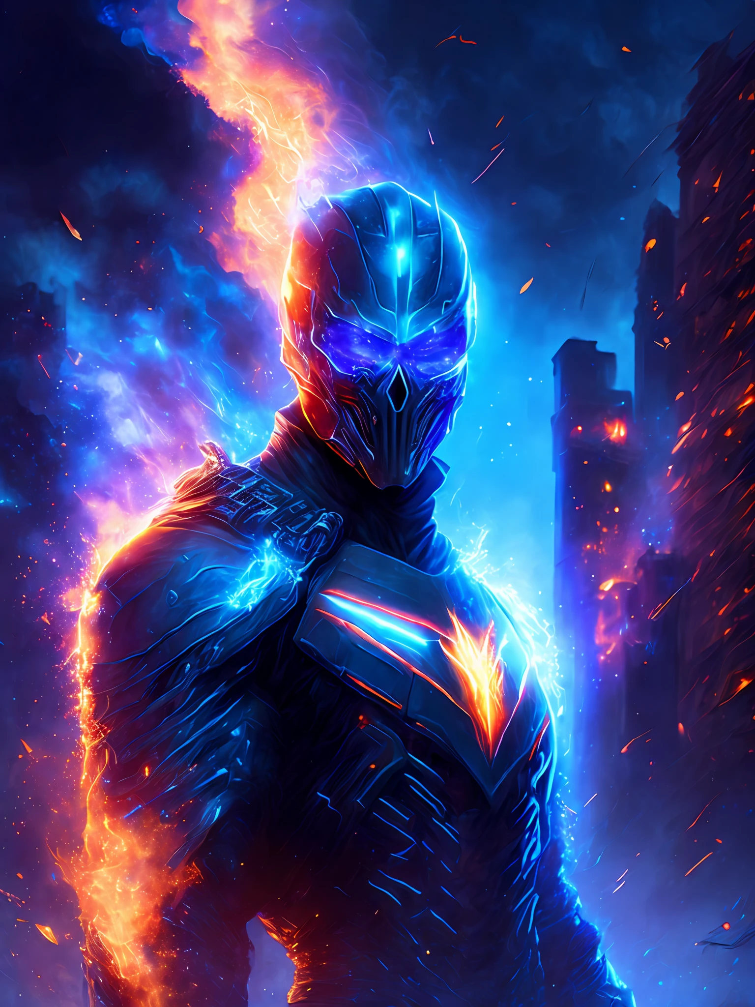 gloomy portrait of Ghost Rider from Marvel, extremely detailed, futuristic cityscape, nighttime, glowing neon lights, smoke, sparks, metal shavings, flying debris, blue energy effects, volumetric light