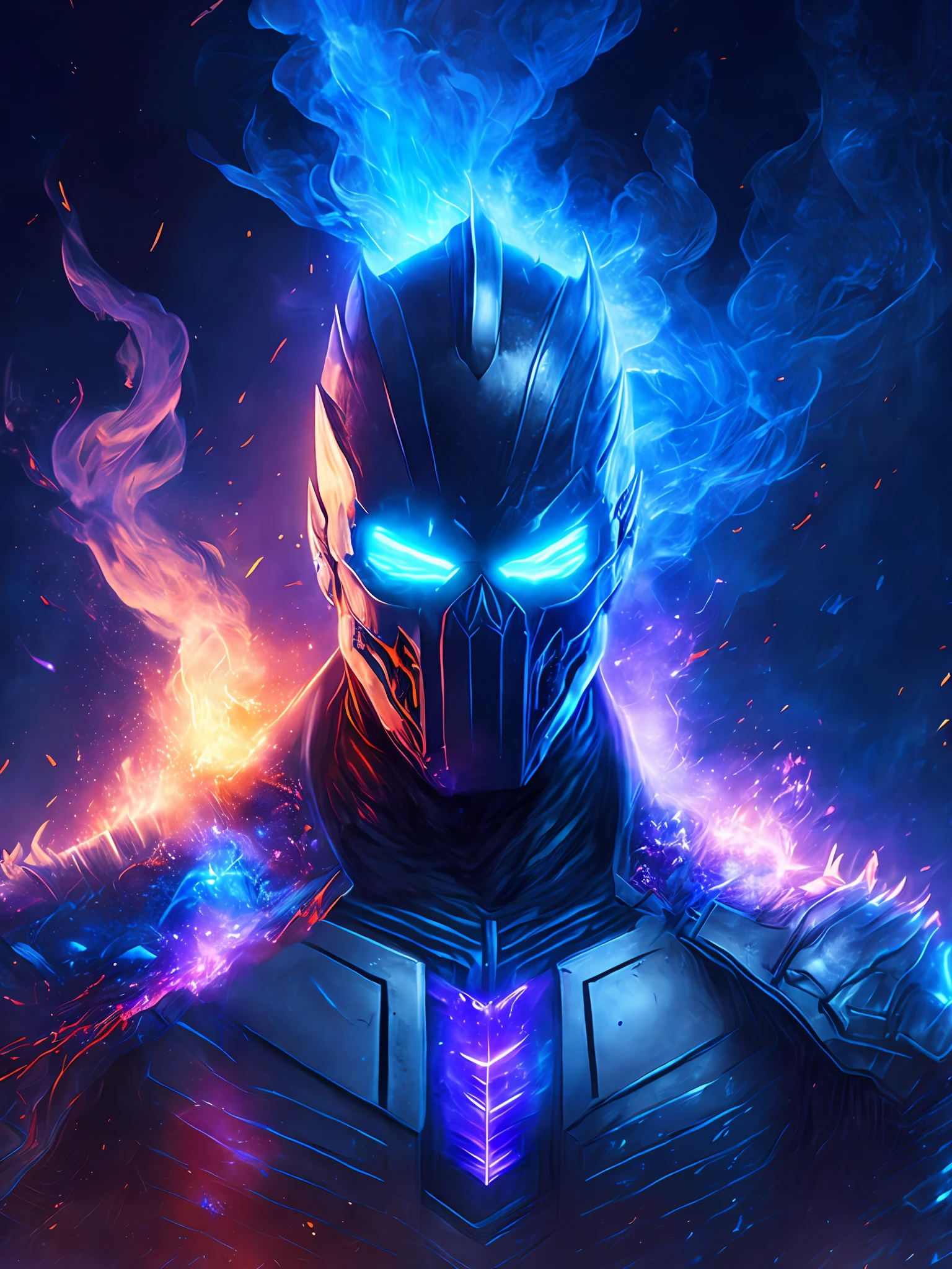 gloomy portrait of Ghost Rider from Marvel, extremely detailed, futuristic cityscape, nighttime, glowing neon lights, smoke, sparks, metal shavings, flying debris, blue energy effects, volumetric light